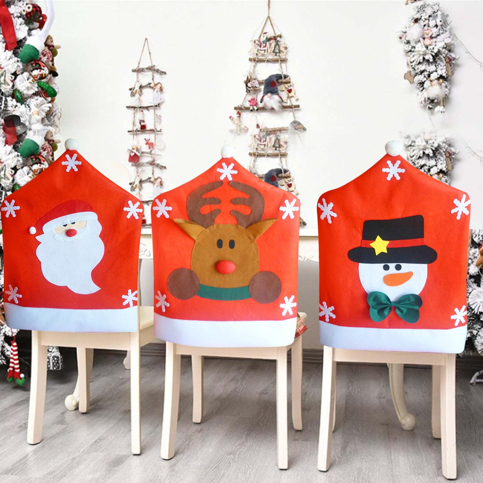 FOUORTUNATE-BEE Stuhlhusse 3er-Set Weihnachts-Stuhlhussen für Esszimmer und Küche, Deko-Stuhlüberzüge mit Weihnachtsmann, Schneemann und Elch