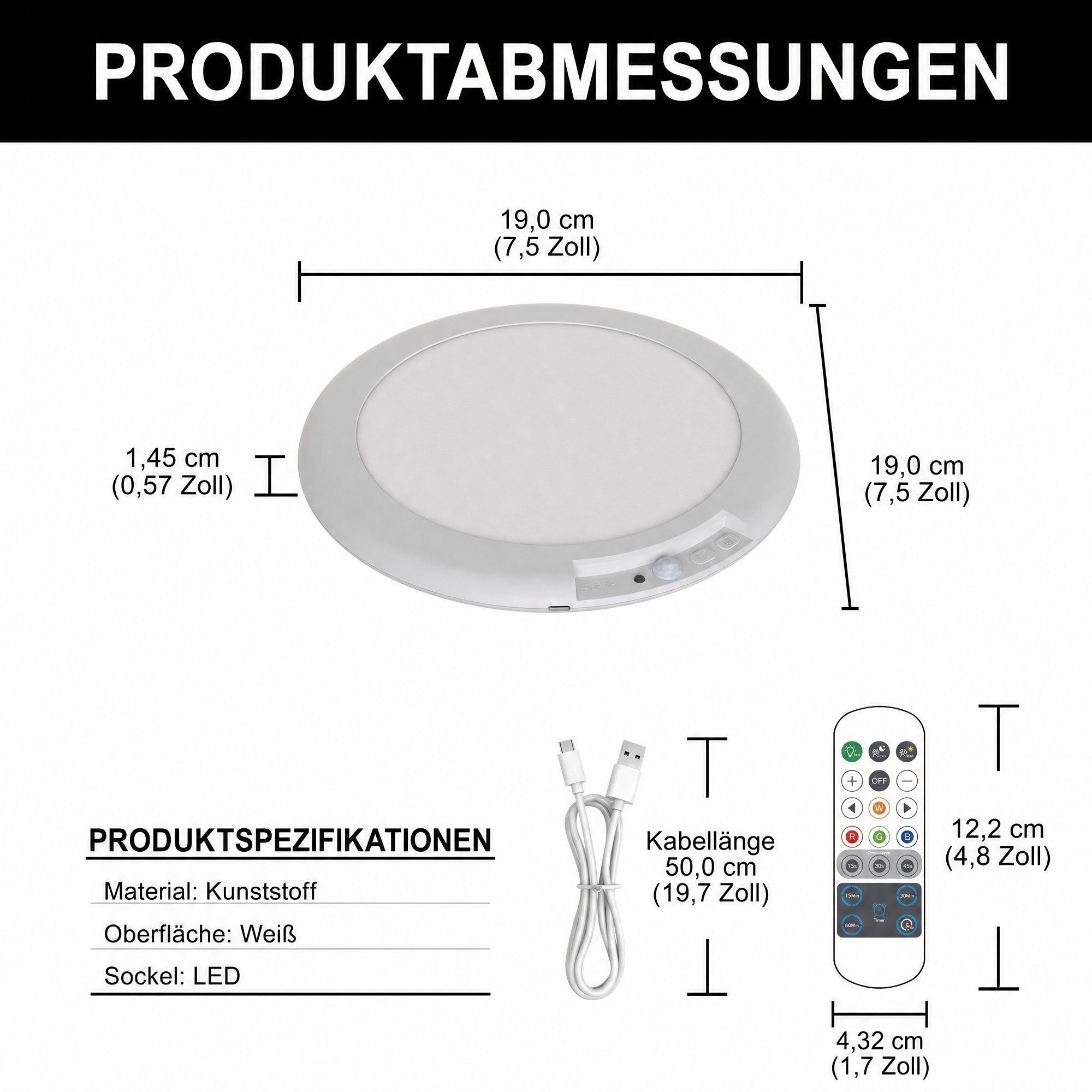 LOHAS-LED LED Deckenleuchte mit Bewegungssensor, RGBW Farbwechsel und 4000mAh Akku, LED fest integriert, neutralweiß + bunte RGB-Farben, 19 cm Akku-Panel-Leuchte mit Fernbedienung