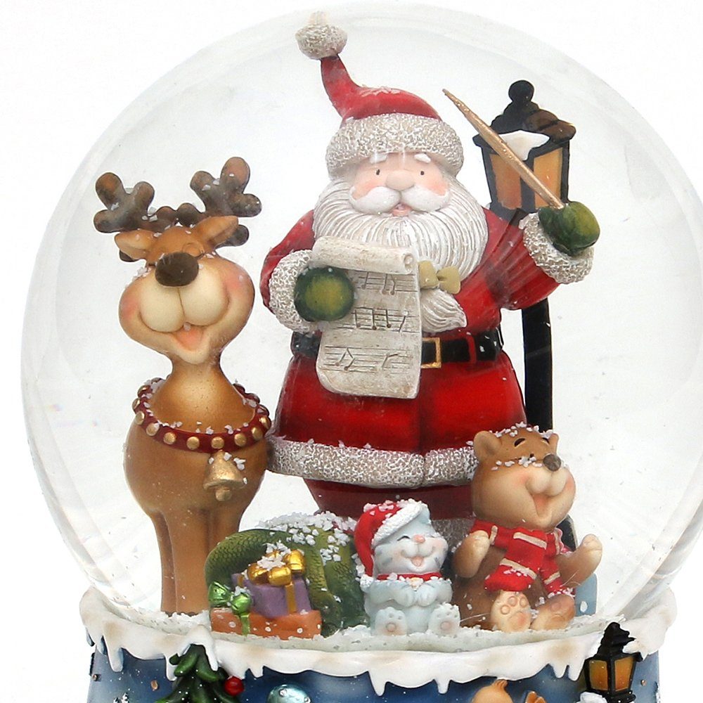 Dekohelden24 Schneekugel XXL Schneekugel, Santa mit lustigem Elch, mit Spielwerk, Melodie: (1 St)