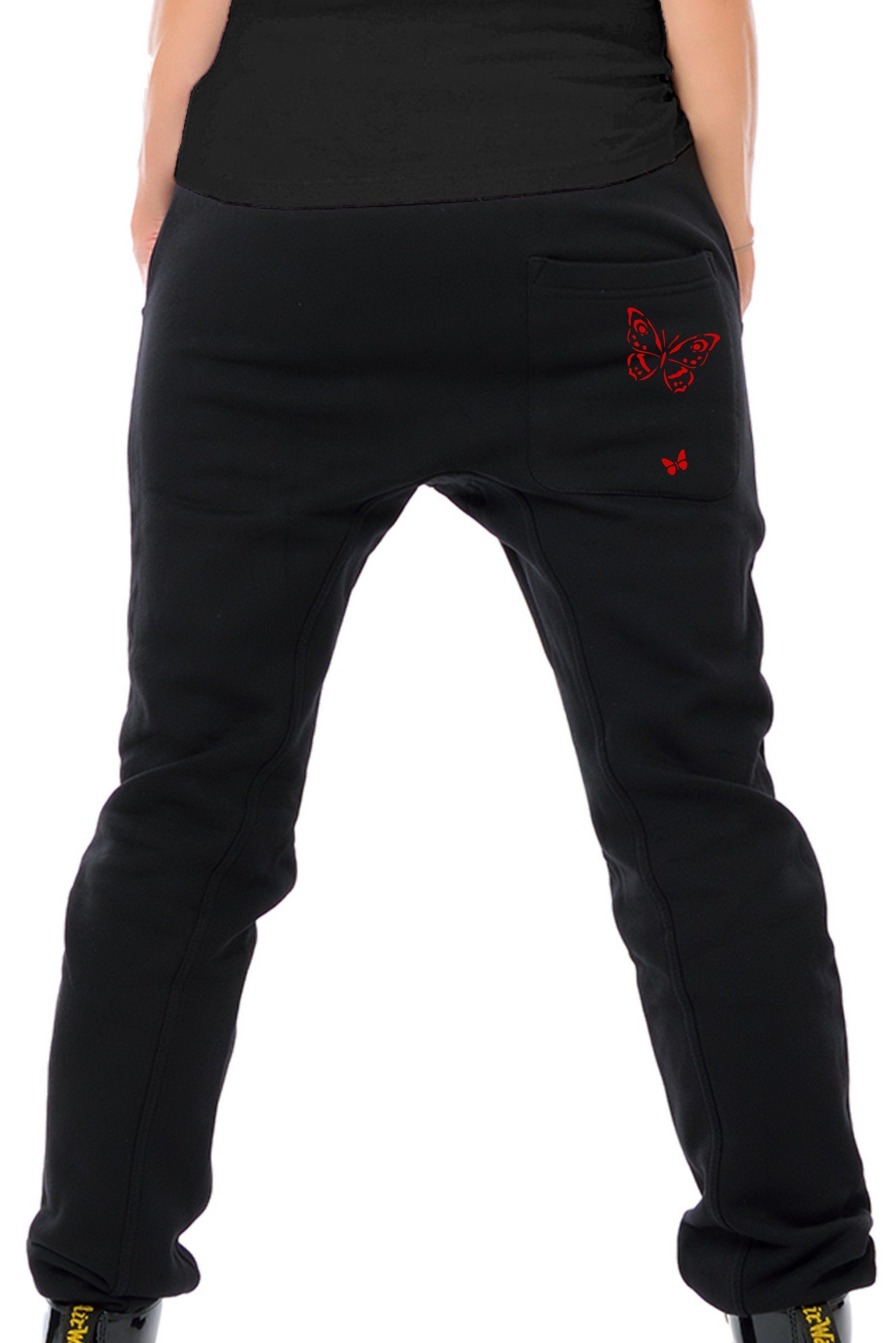 3Elfen Sweatpants Jogginghose Winter Sweathose Damen schwarz Schmetterlingen rot 3Elfen