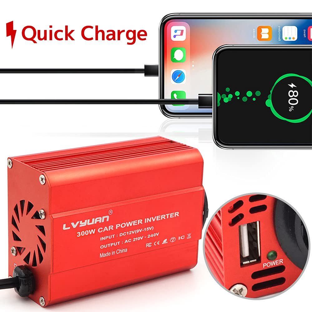 FOSMET Spannungswandler 300 W Auto Stromumwandler 12 V auf 230 V mit 2 USB, Zig-Anzünder, Energiesparmodus