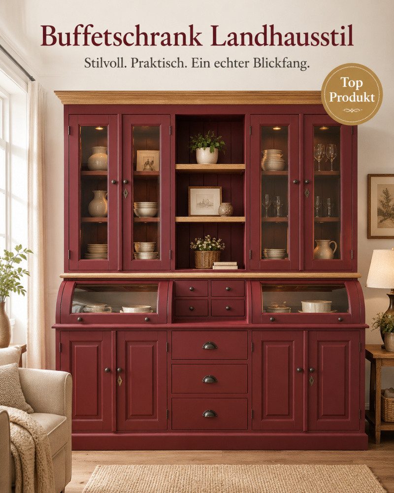 Wohnpalast Buffet Landhaus Buffet Schrank Berlin 200 cm Rubinrot mit Eiche- Landhaus Möb