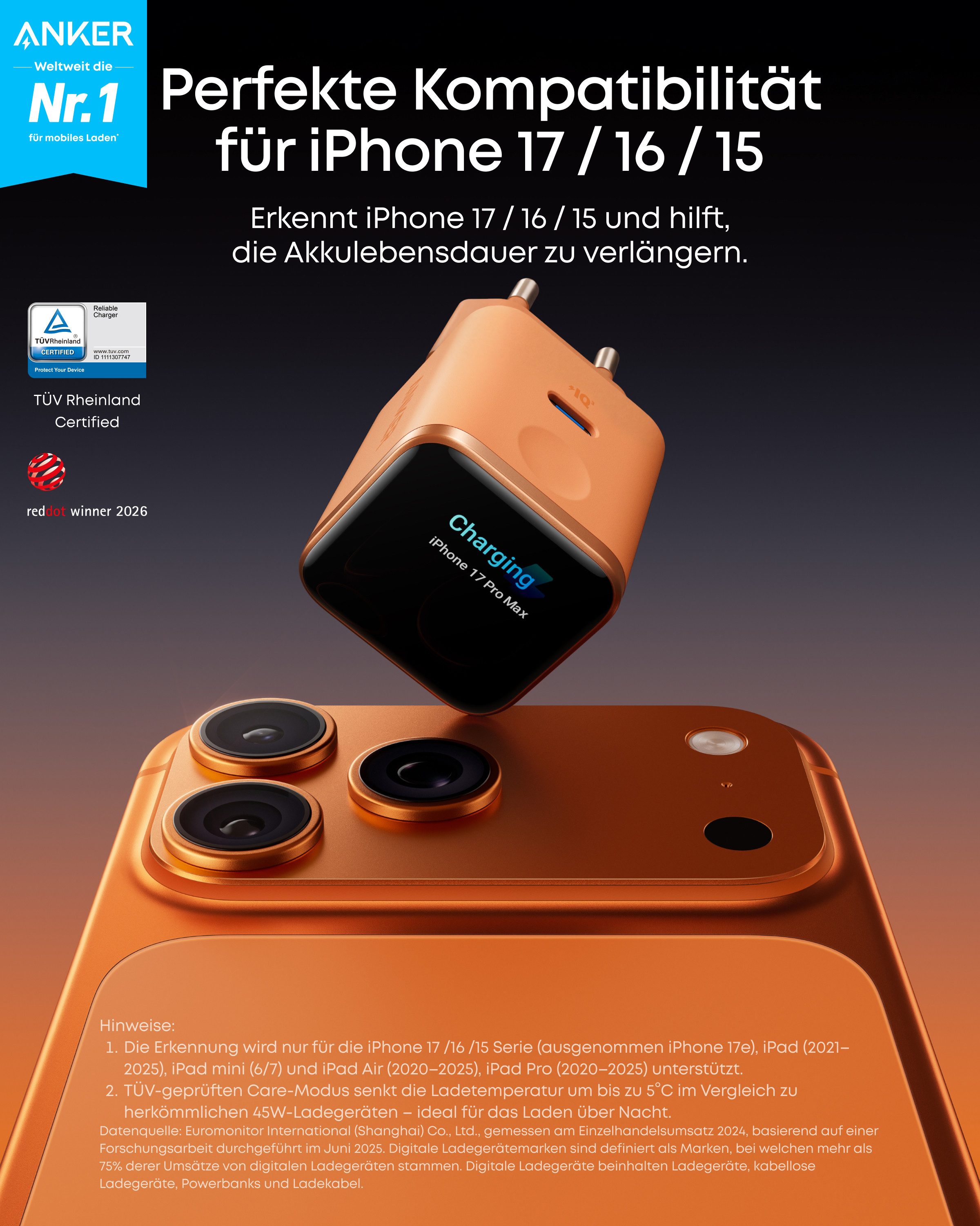 Anker Anker Nano 45W USB C Ladegerät mit Smart Display für iPhone Schnelllade-Gerät (GaN Ladegerät für iPhone 17/16/15 Serie)
