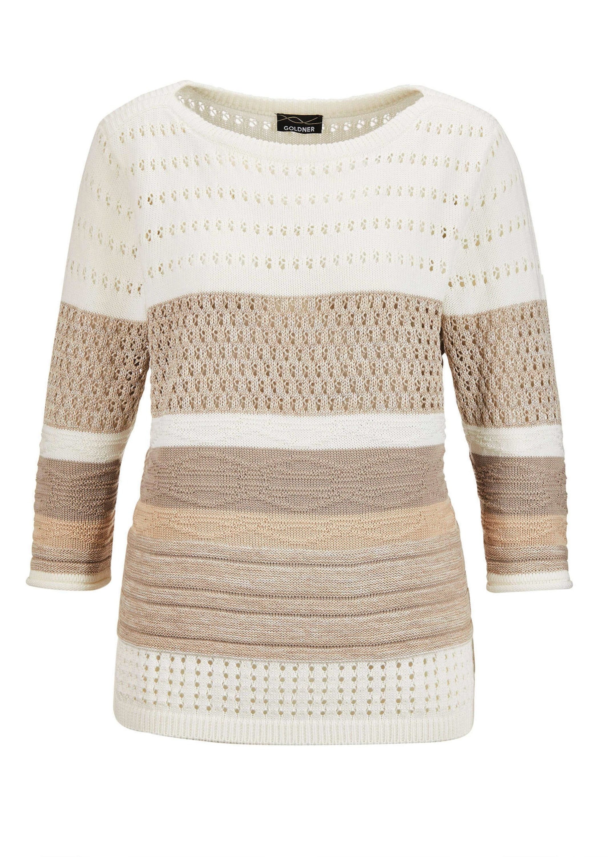 GOLDNER Strickpullover Strukturpullover mit 3/4-Arm und U-Boot-Ausschnitt Damen Strickoberteil, mit Glitzereffekt, Strukturstrick, lässig