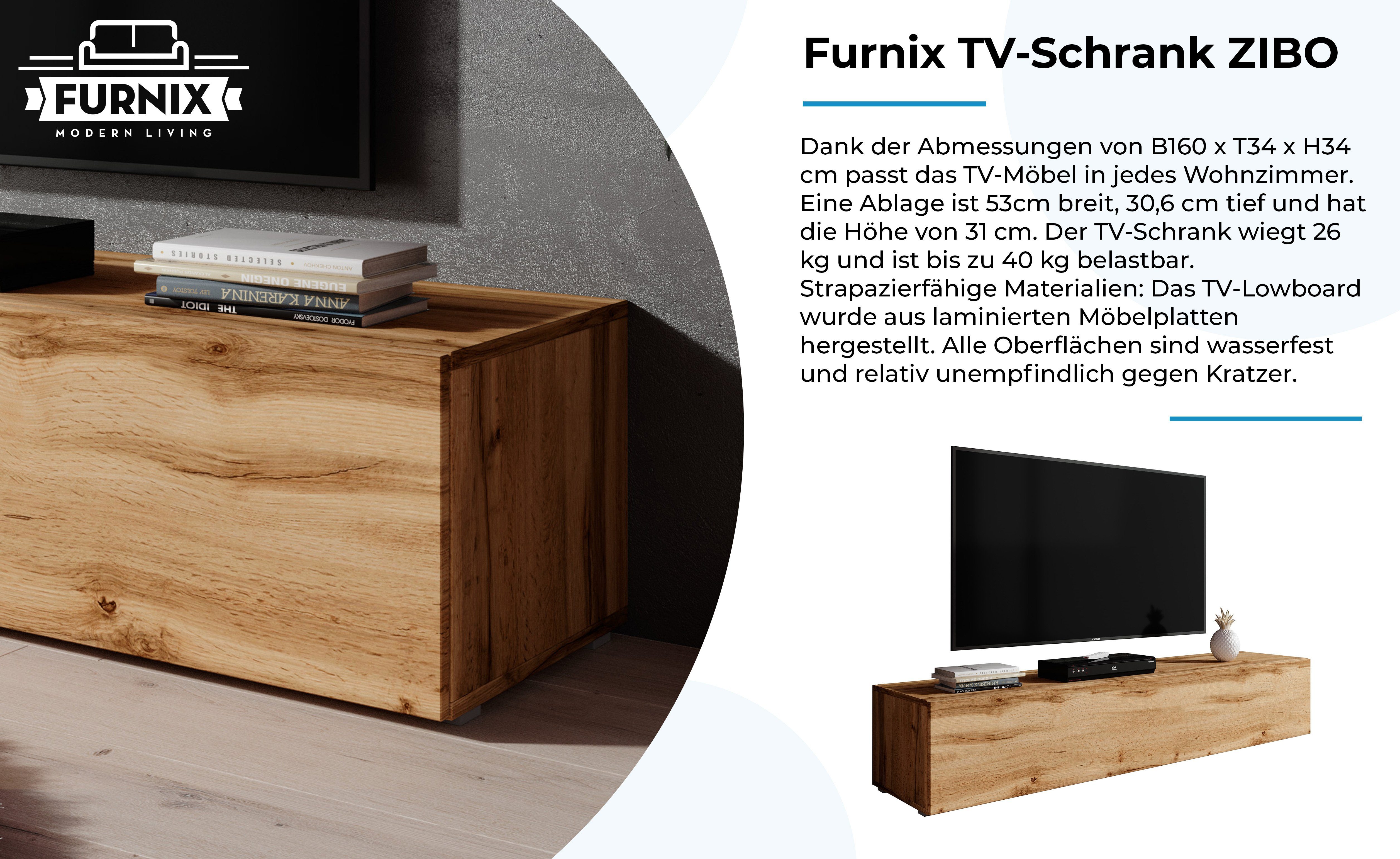 Furnix TV-Schrank 3 B160 160 cm, cm freistehend x TV-Kommode Eiche Klappen Wotan x ZIBO H34 T34 Ablagen mit