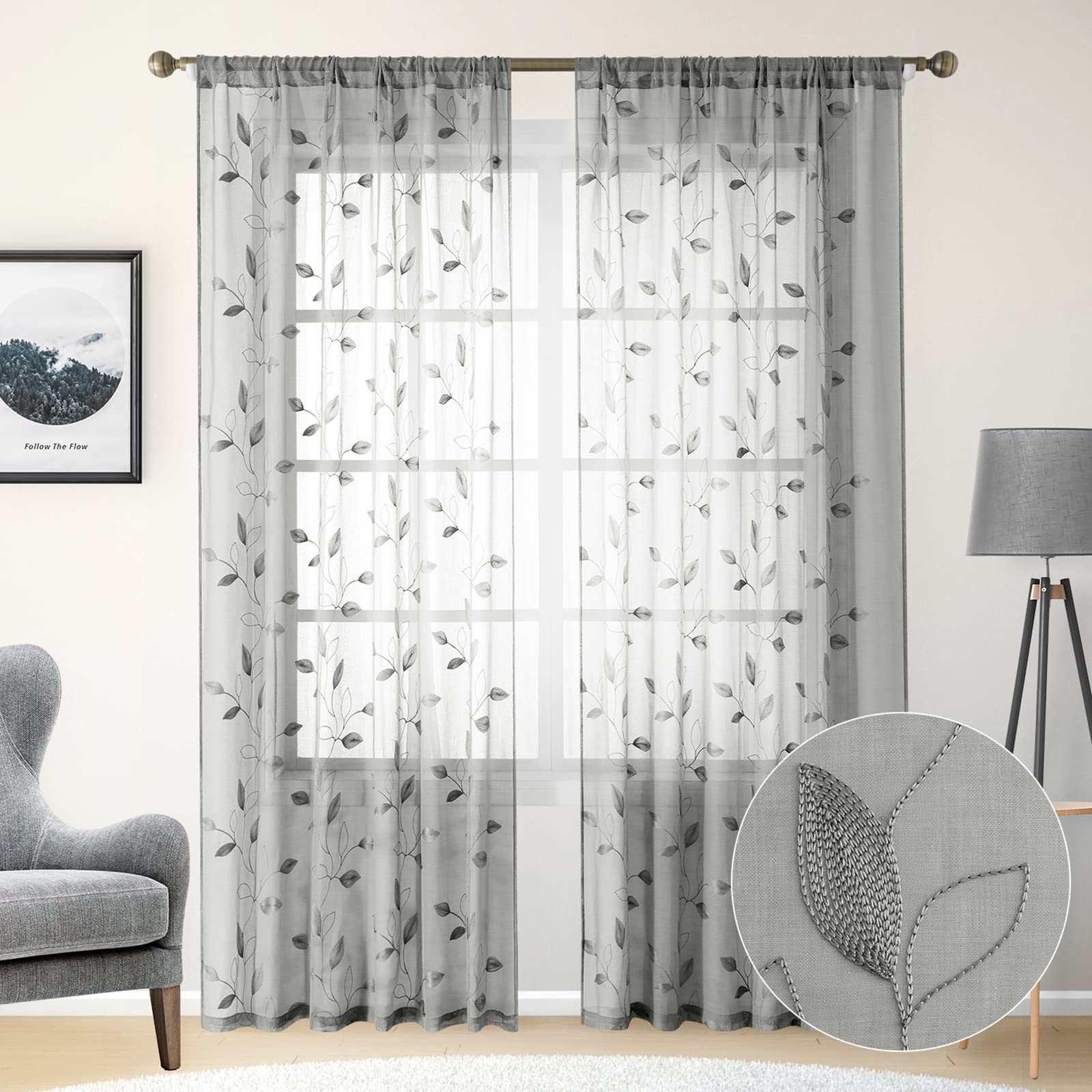 BYSURE Gardine Voile Scheibengardinen modern Wohnzimmer Bistrogardine für Küche, Bad (2 St), Stangendurchzug, transparent, Küchenvorhänge, besticktes Blattmuster, Vorhänge für kleine Fenster