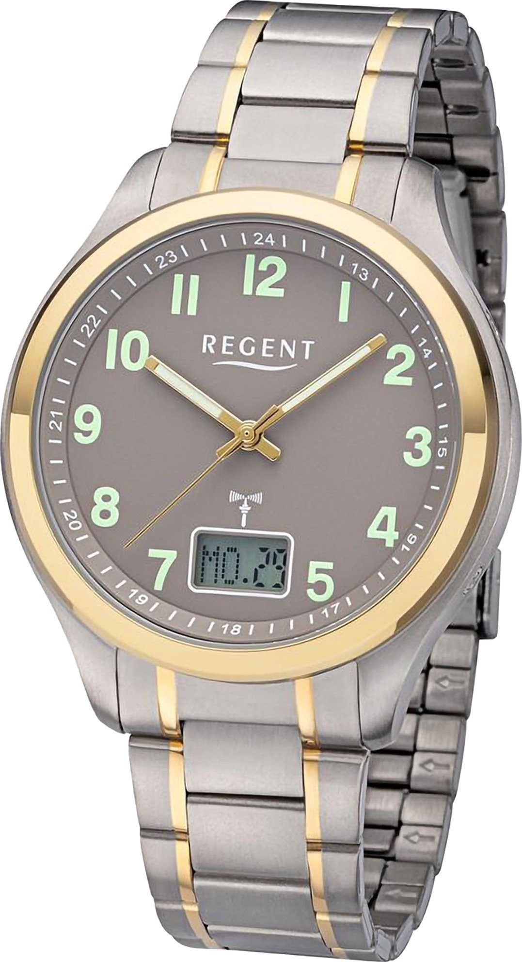 Regent Funkuhr Regent Herren Funkuhr Analog-Digital, Herren Funkuhr rund,  extra groß (ca. 42mm), Titanarmband, Titangehäuse