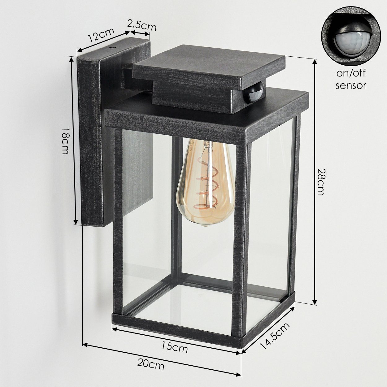 E27, Leuchtmittel, Wandlampe hofstein aus Außenleuchte IP44 Außen-Wandleuchte in moderne Metall/Glas ohne »Poggio« Bewegungsmelder, m. Lichteffekt, mit Schwarz/Silber/Klar,