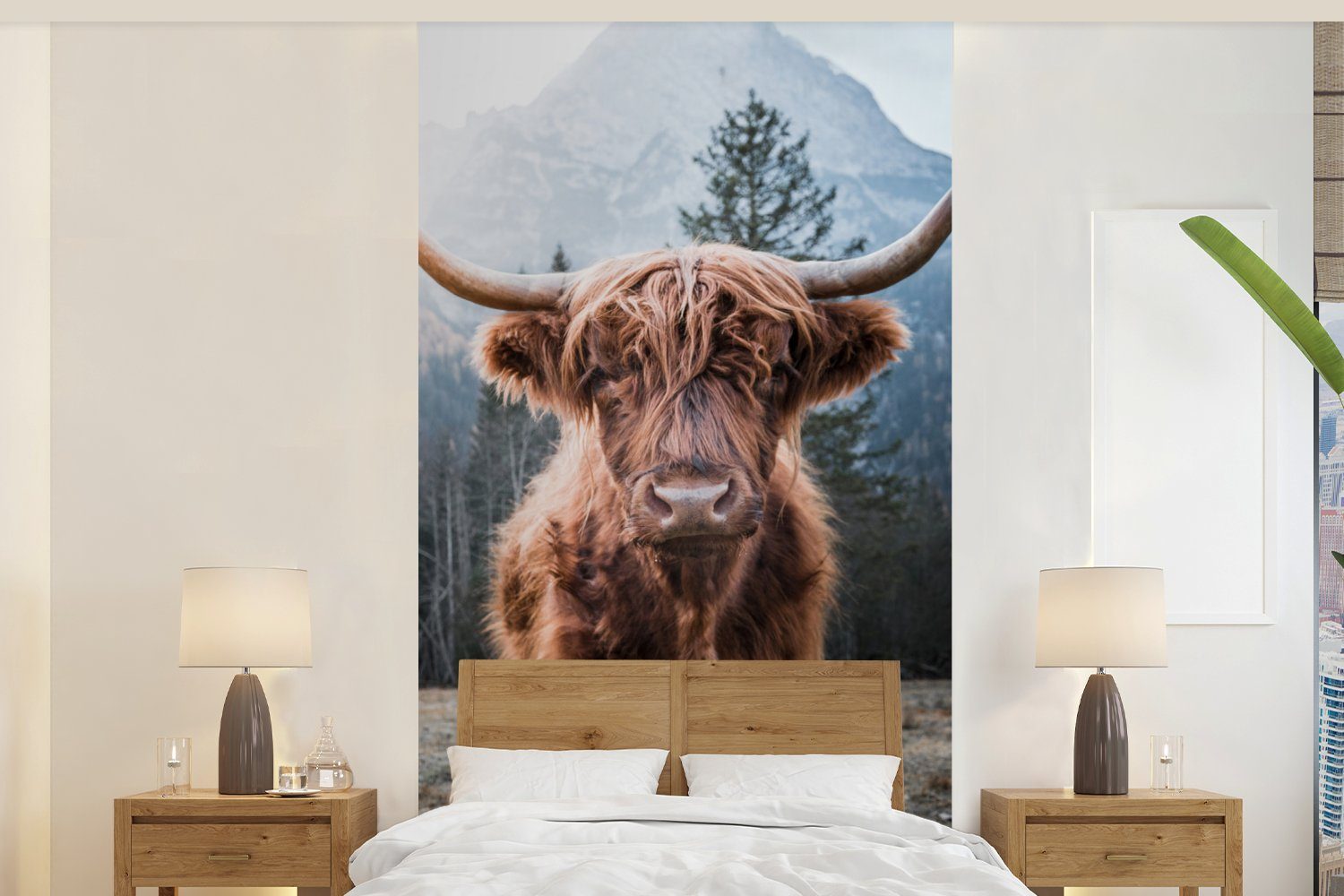 MuchoWow Fototapete Schottischer Highlander - Berg - Tier, Matt, bedruckt, (2 St), Vliestapete für Wohnzimmer Schlafzimmer Küche, Fototapete