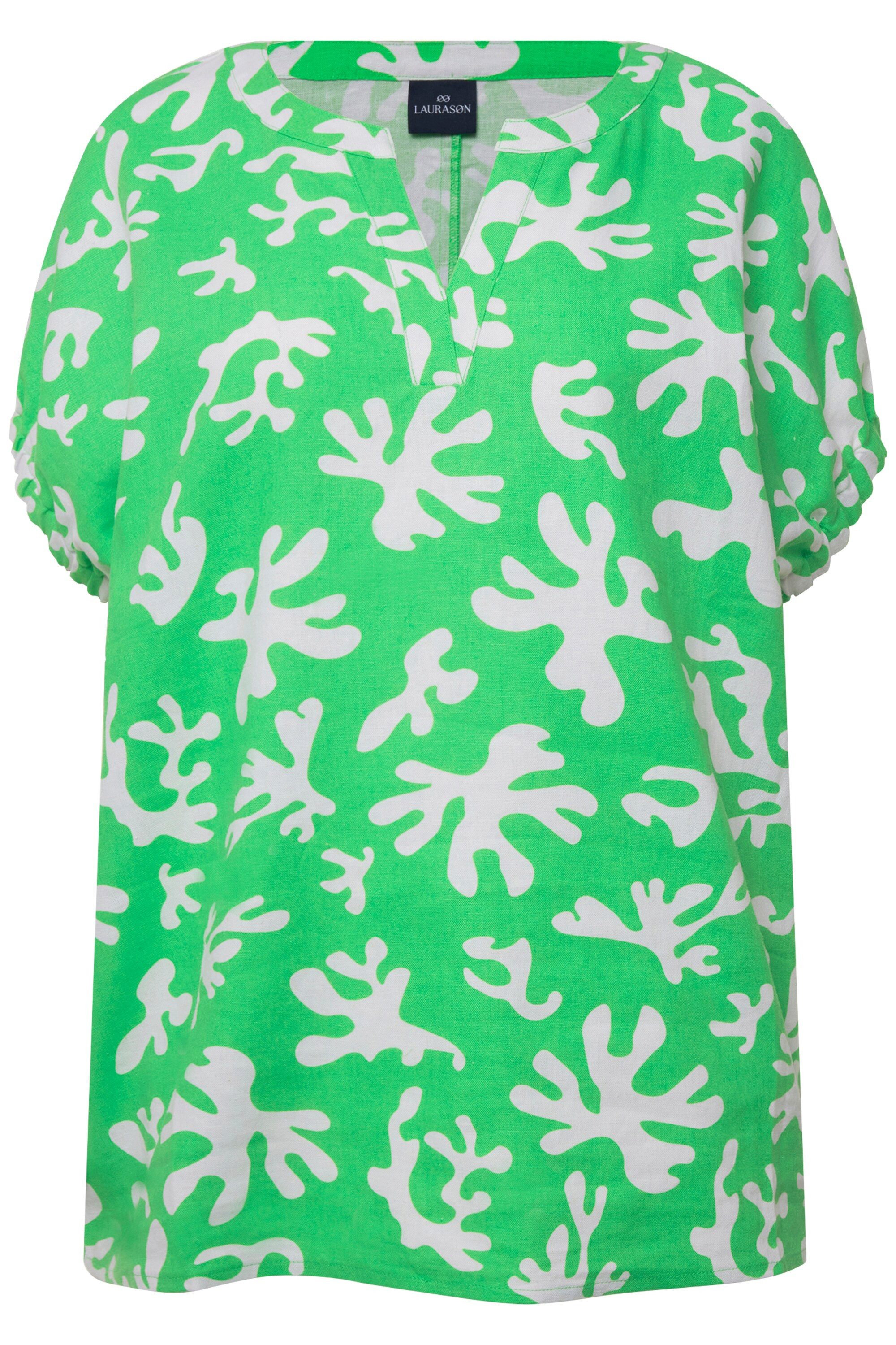 Laurasøn Druckbluse Leinenmix-Bluse Korallen-Print Tunika-Ausschnitt günstig online kaufen