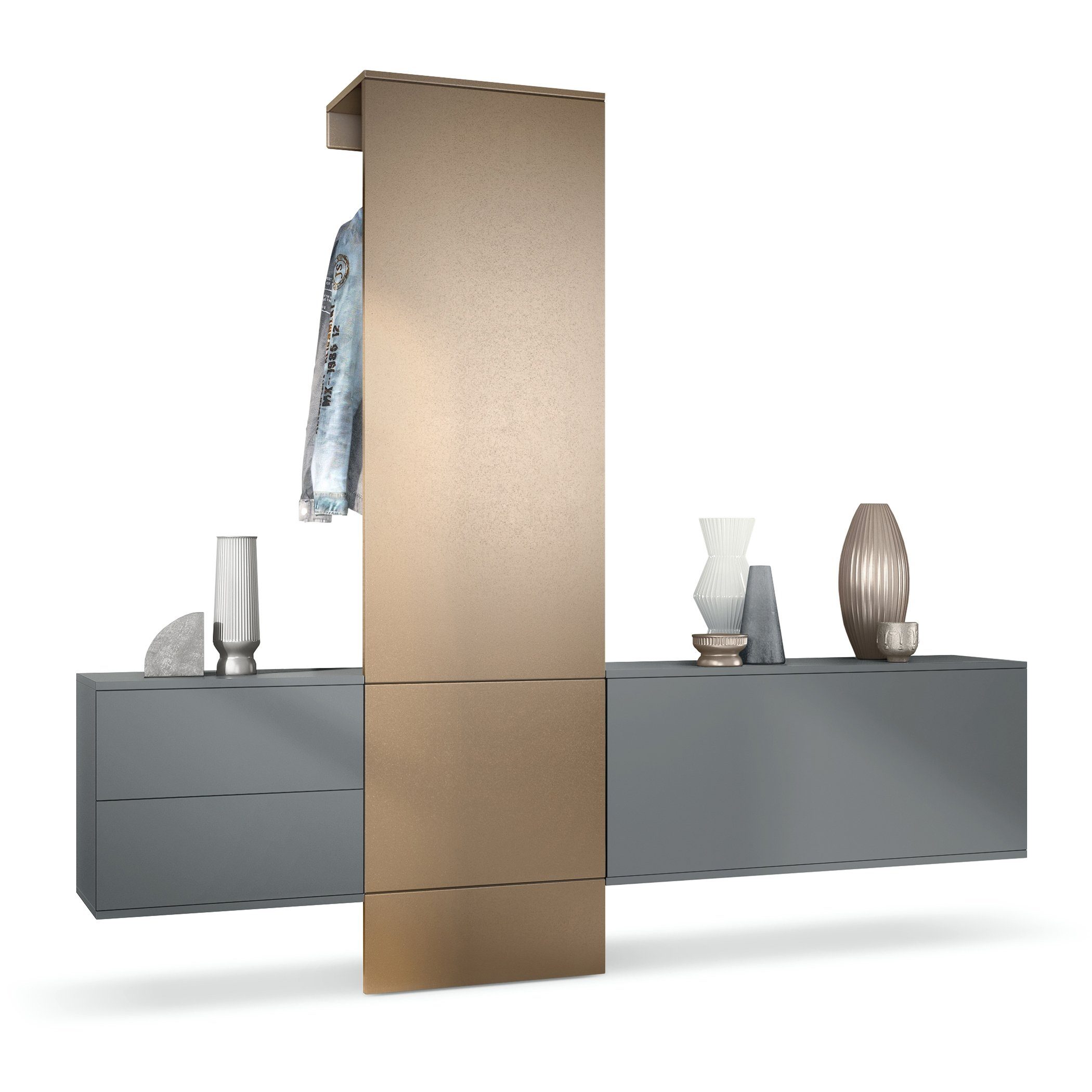 Vladon Garderoben-Set Carlton, (Wandgarderobe bestehend aus, 1 Paneel, 1 Schubkastenschrank und 1 Schrankmodul), Anthrazit matt/Bronze Optik (209 x 193 x 35 cm)