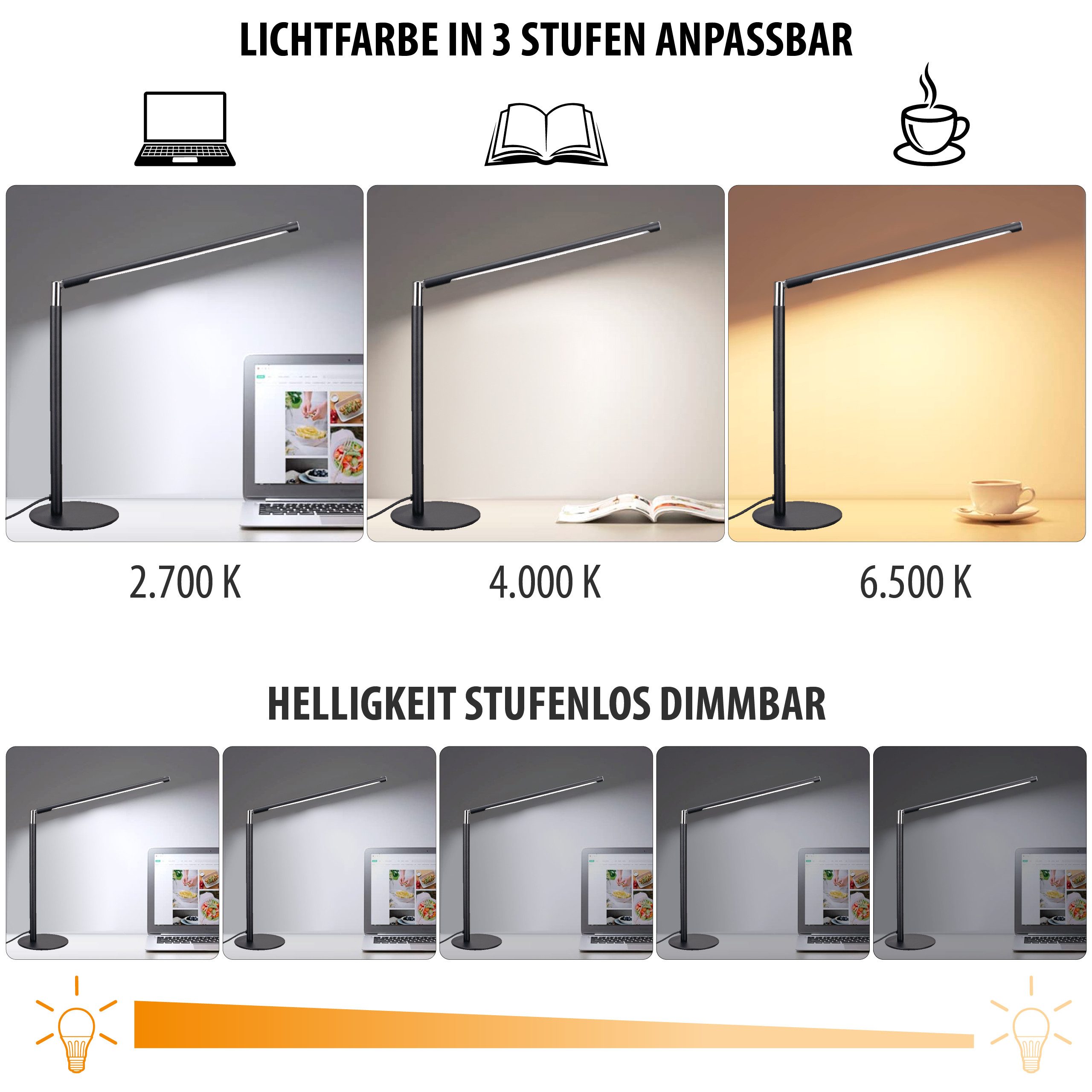 MeLiTec LED Schreibtischlampe LED-Schreibtischleuchte T186-2 schwarz mit Chrom-Applikationen, LED fest integriert, Einstellbar in 3 Stufen, 50.000 Schaltzyklen möglich, schwenkbar, dimmbar