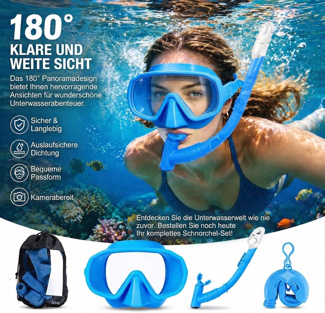 LaCute Tauchermaske Schnorchelset Erwachsene Tauchmaske Hartglas Panoramasicht Faltbarer, (3-teiliges Schnorchelset Erwachsene mit Panorama-Maske, 3-teiliges Set mit Maske, Schnorchel und Transporttasche), Panoramasicht, Anti-Beschlag, Hartglas, faltbarer Schnorchel