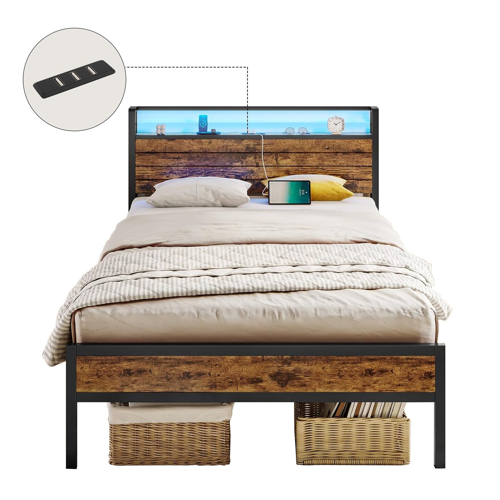 MSMASK Bettgestell Vintage Braun Metallbett mit 3 USB-Anschlüssen und LED B günstig online kaufen