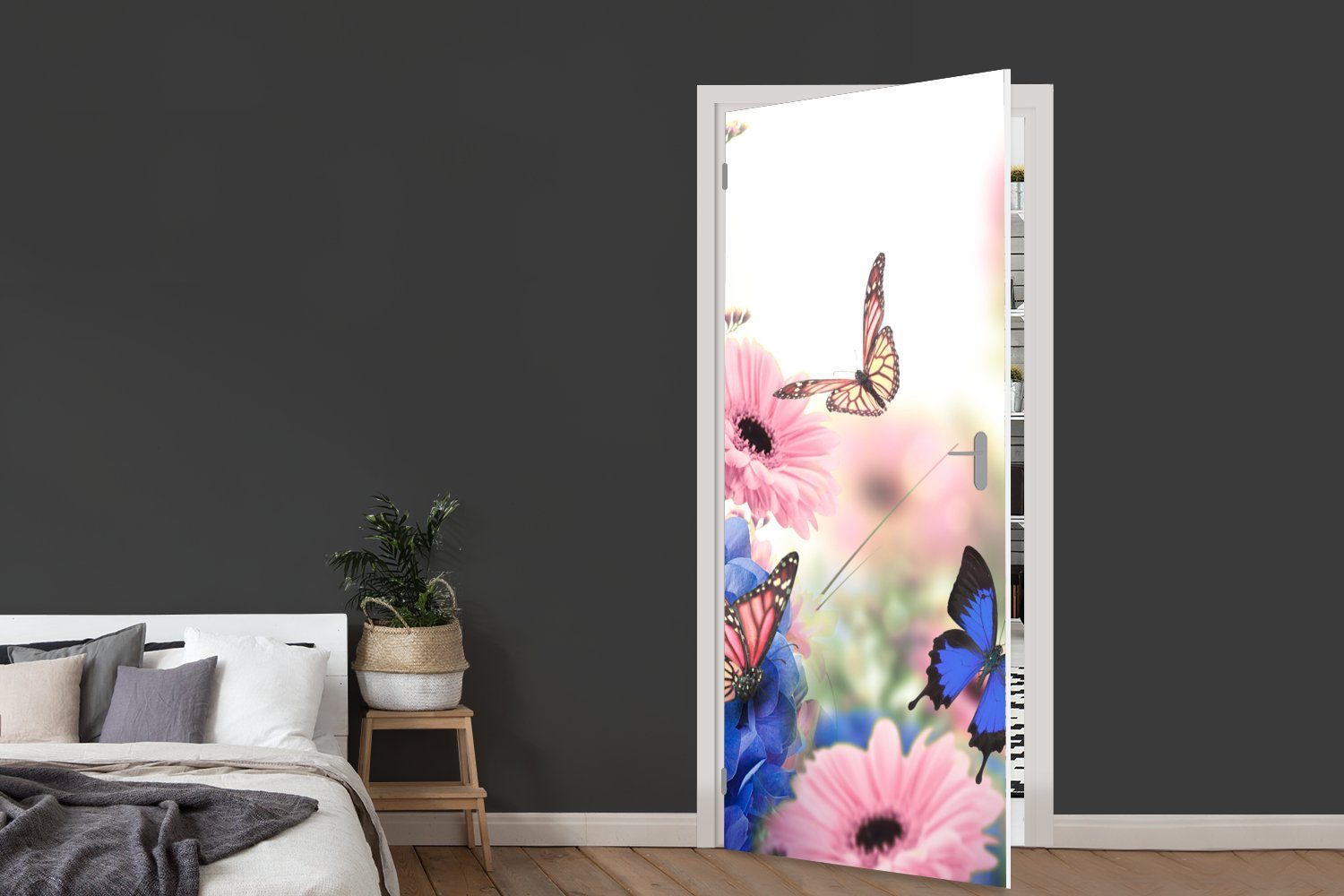 Schmetterlinge cm Matt, St), Insekten, - - MuchoWow Tür, - Fototapete 75x205 Türtapete Hortensien (1 bedruckt, Türaufkleber, Blumen für