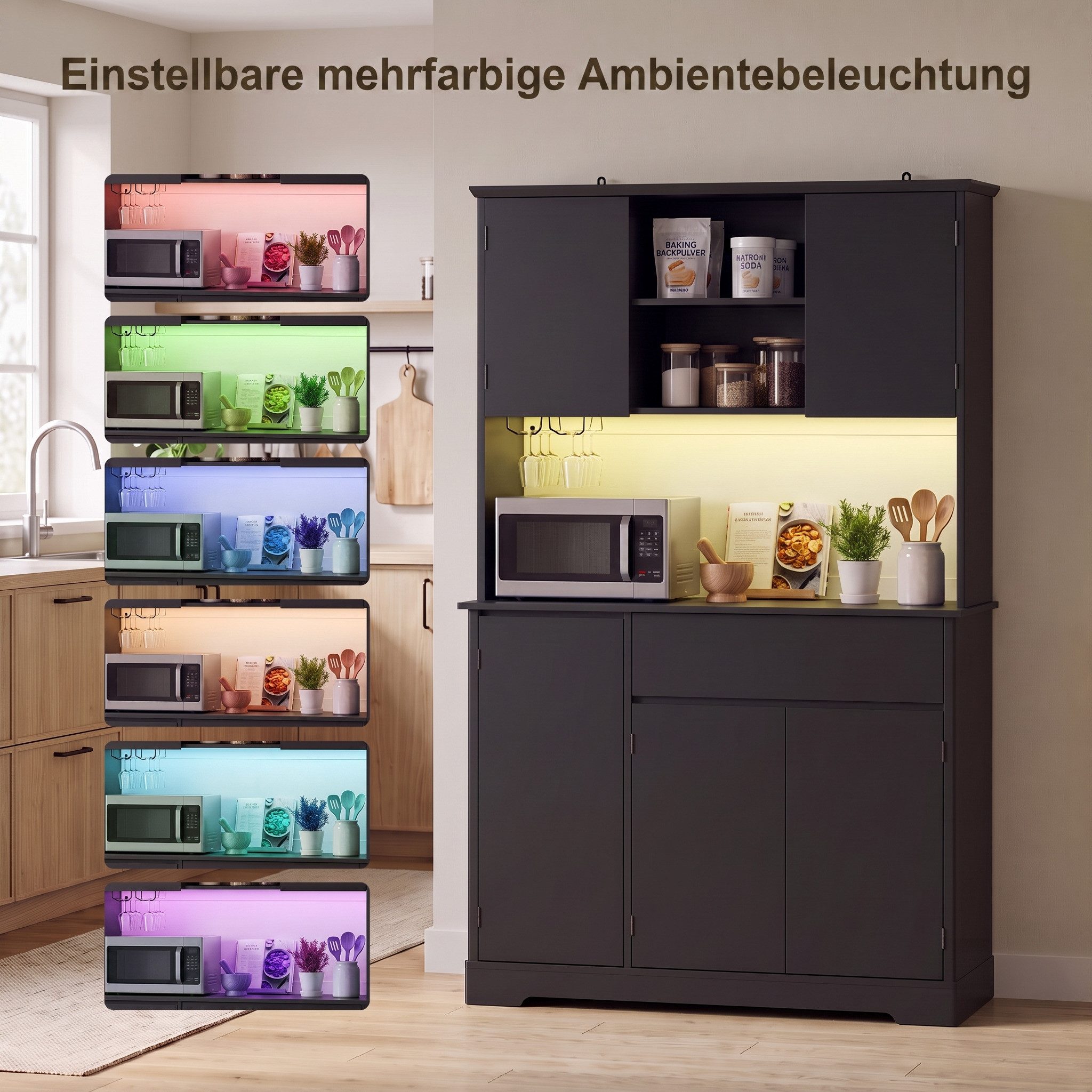 Bealife Küchenbuffet Küchenschrank mit Arbeitsplatte mit 1 Schublade und 5 Türen (Mit LED-Licht (farblich einstellbar) & Steckdose) – Bild 5 von 5