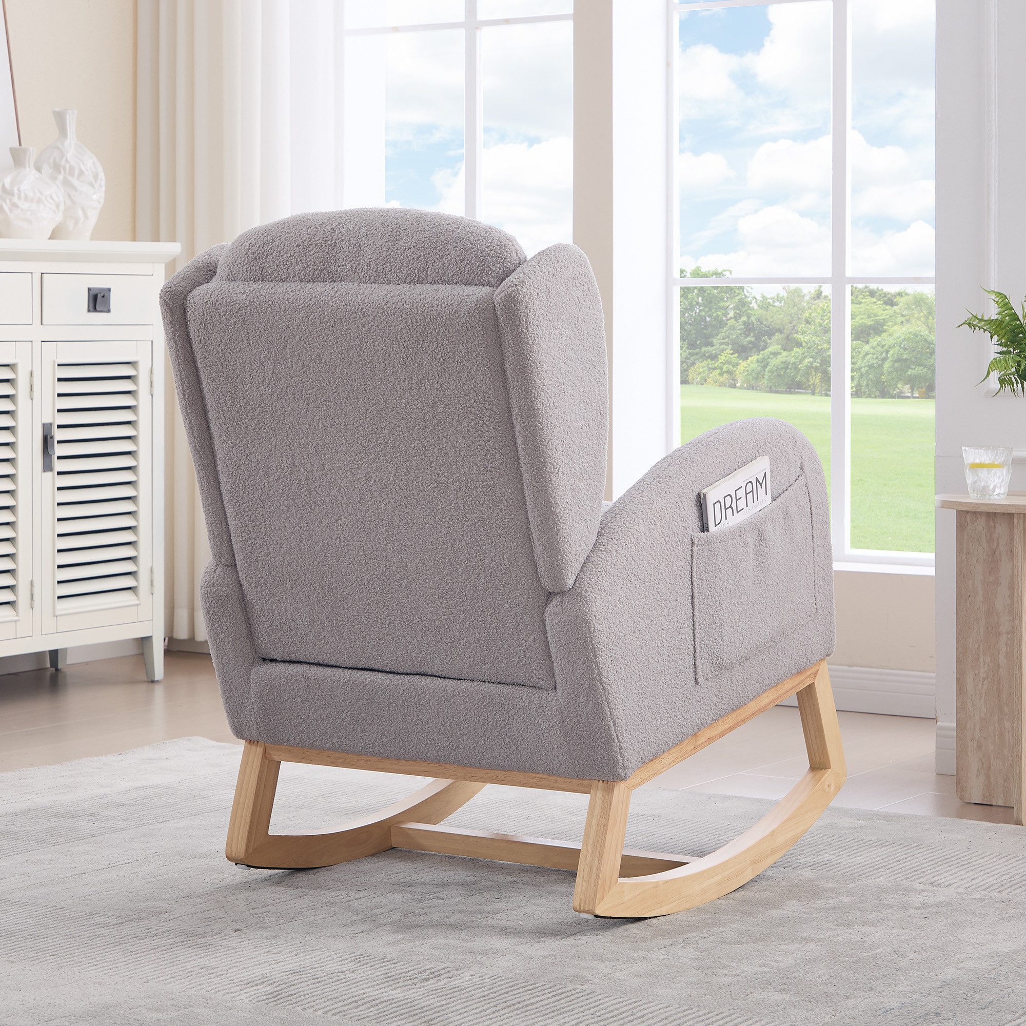 REDOM Schaukelstuhl Stillsessel Relaxsessel (mit Holzgestell, verstellbare Fußstütze & Teddy-Stoff – Ergonomischer Stillstuhl, Lounge-Sessel mit Tasche und hoher Rückenlehne)