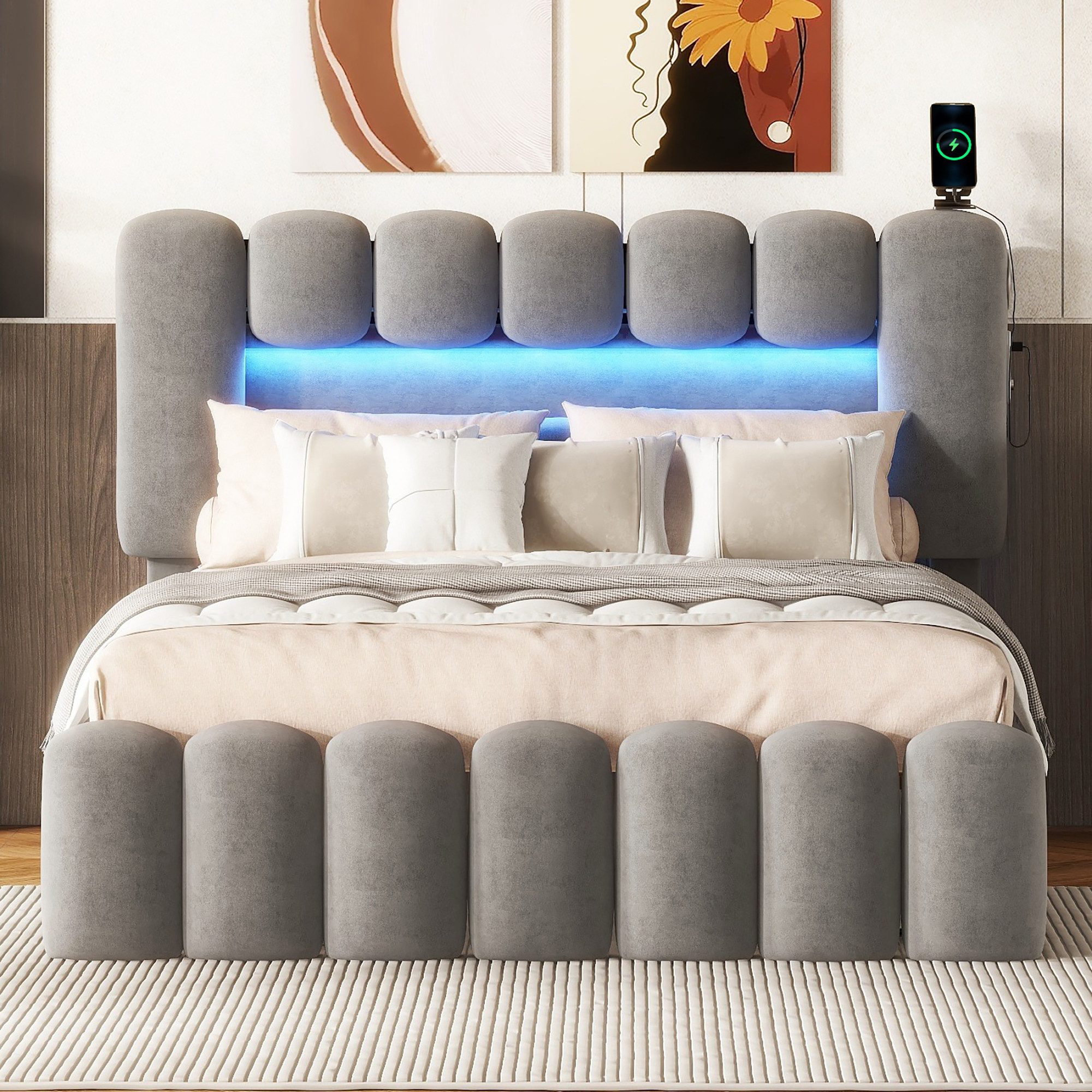 SOFTWEARY Polsterbett mit LED-Beleuchtung und Lautsprecher günstig online kaufen