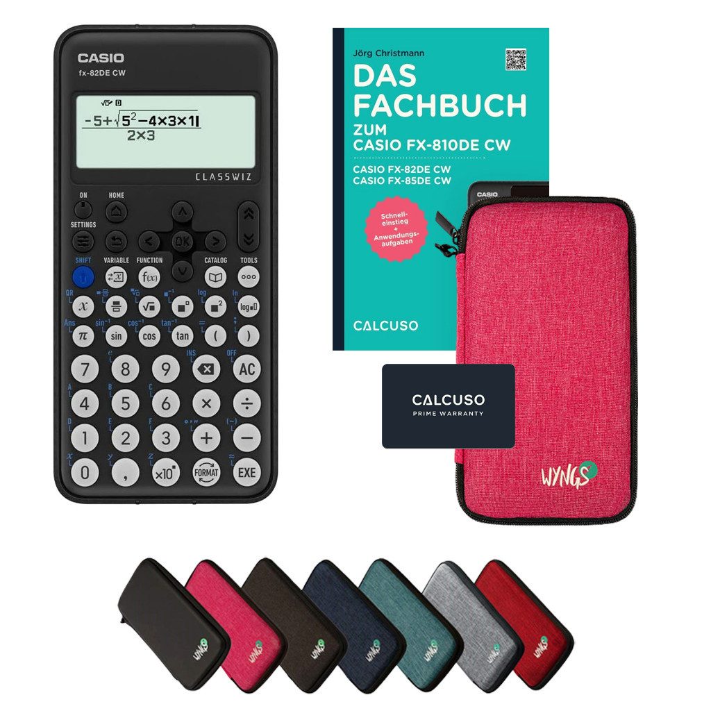 CASIO Taschenrechner fx-82DE CW inkl. Schutztasche Pink & Fachbuch (96 Seiten, DIN A5)