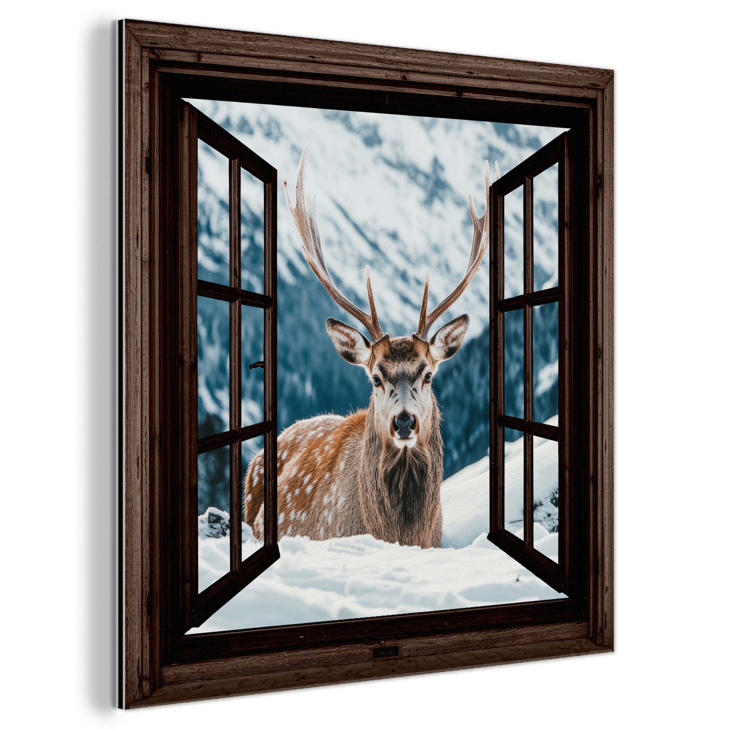 MuchoWow Metallbild Hirsche - Landschaft - Winter - Natur - Tiere - Ansichten - Berge, Inkl. Aufhängung, Alu-Dibond-Druck, Wandbild aus Metall, Aluminium deko, 20x20 cm