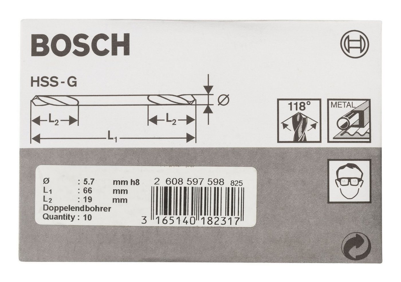 Thumbnail - BOSCH Metallbohrer, (10 Stück), HSS-G Doppelendbohrer - 5,7 x 19 x 66 mm - 10er-Pack