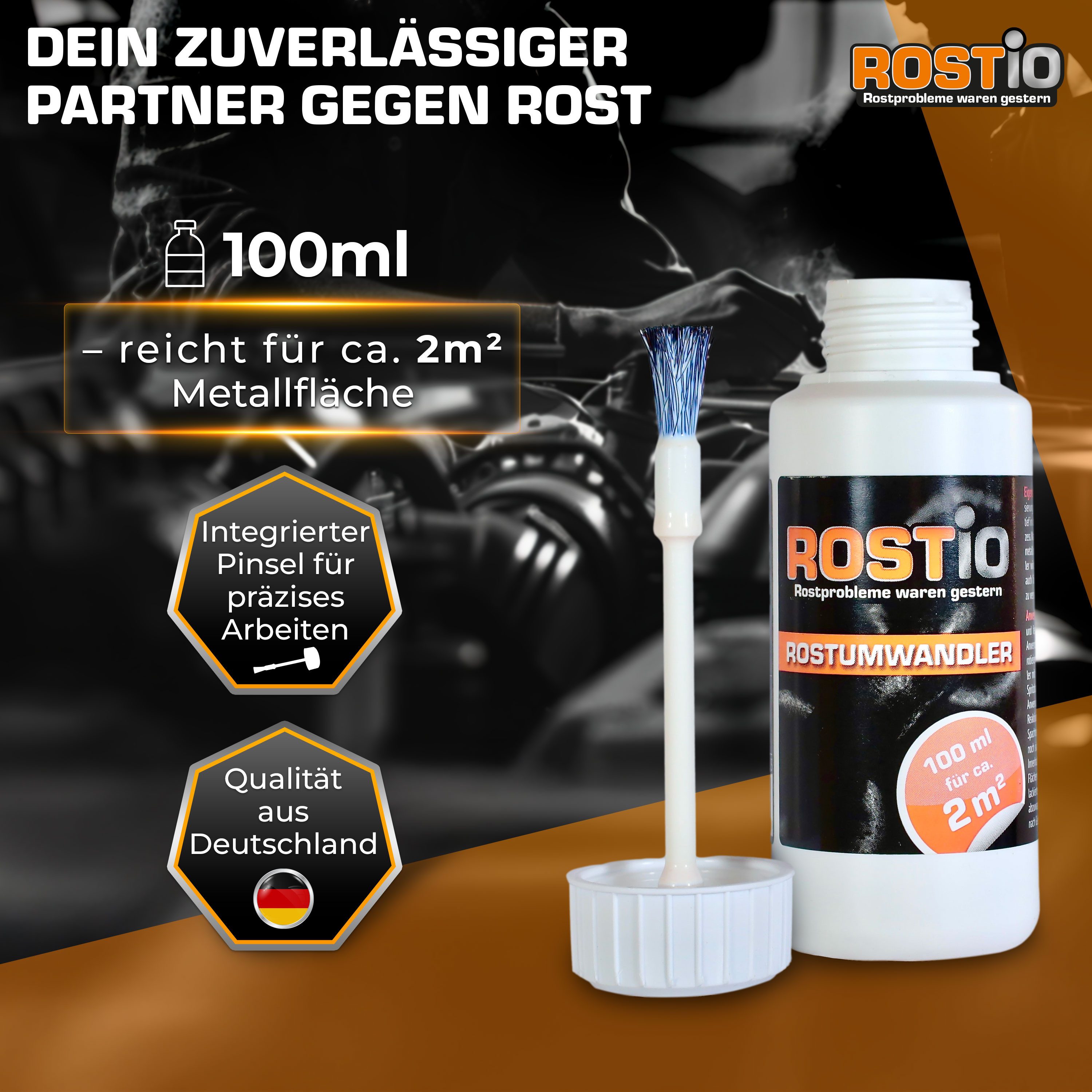 Rostio Rostschutzgrundierung ROSTIO Rostumwandler 100ml mit Pinsel - Rostkonverter, 1-tlg., Rostumwandler & Grundierung in einem. Kein abwaschen erforderlich