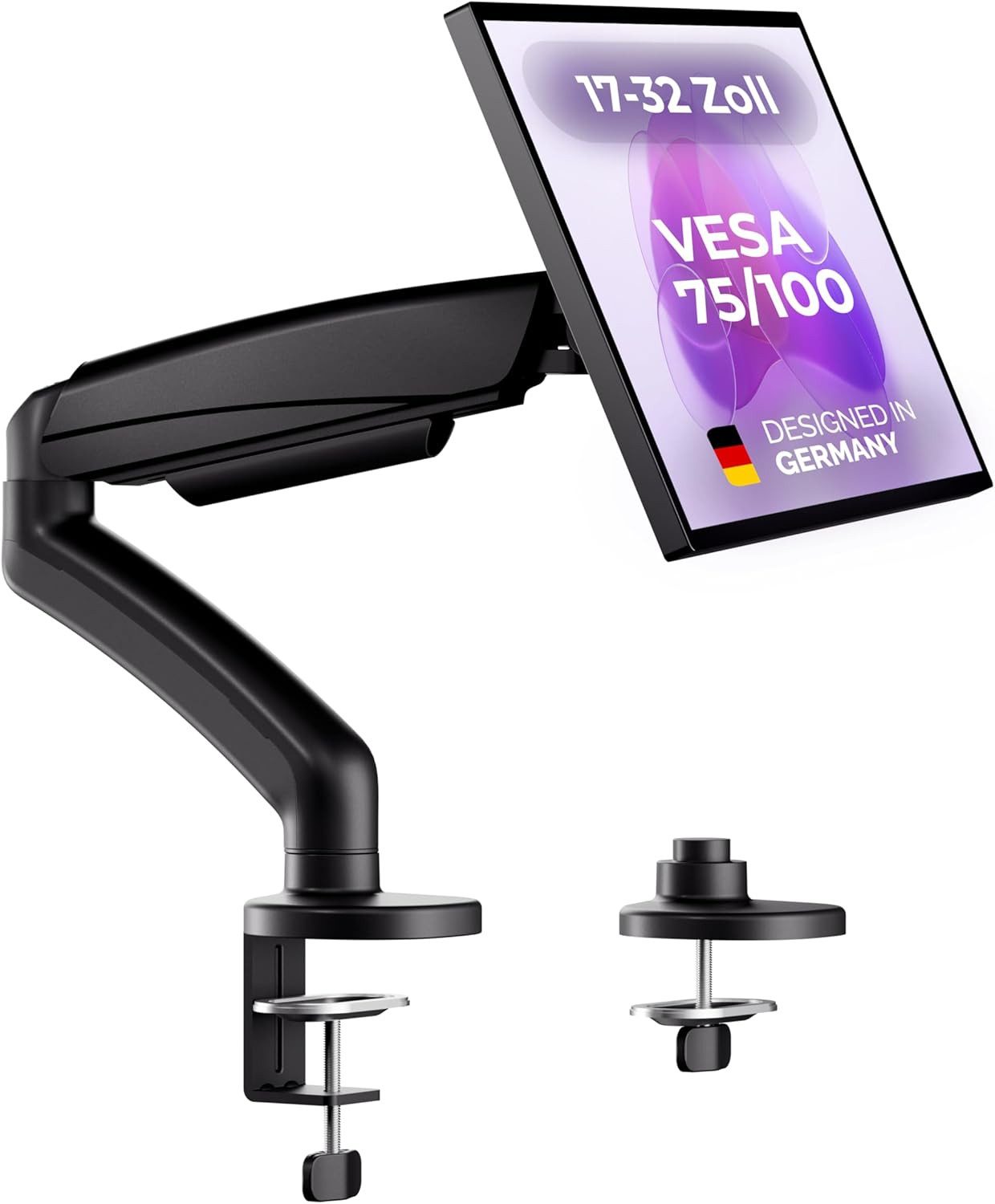 DESKSPACE Monitor-Halterung Monitor Arm für 1 Monitor - Flach- & Curved - Gasfeder bis 9 kg, (bis 23 Zoll, 360° Schwenk-, 90° neig- und 180° drehbar, VESA 75/100 mm)