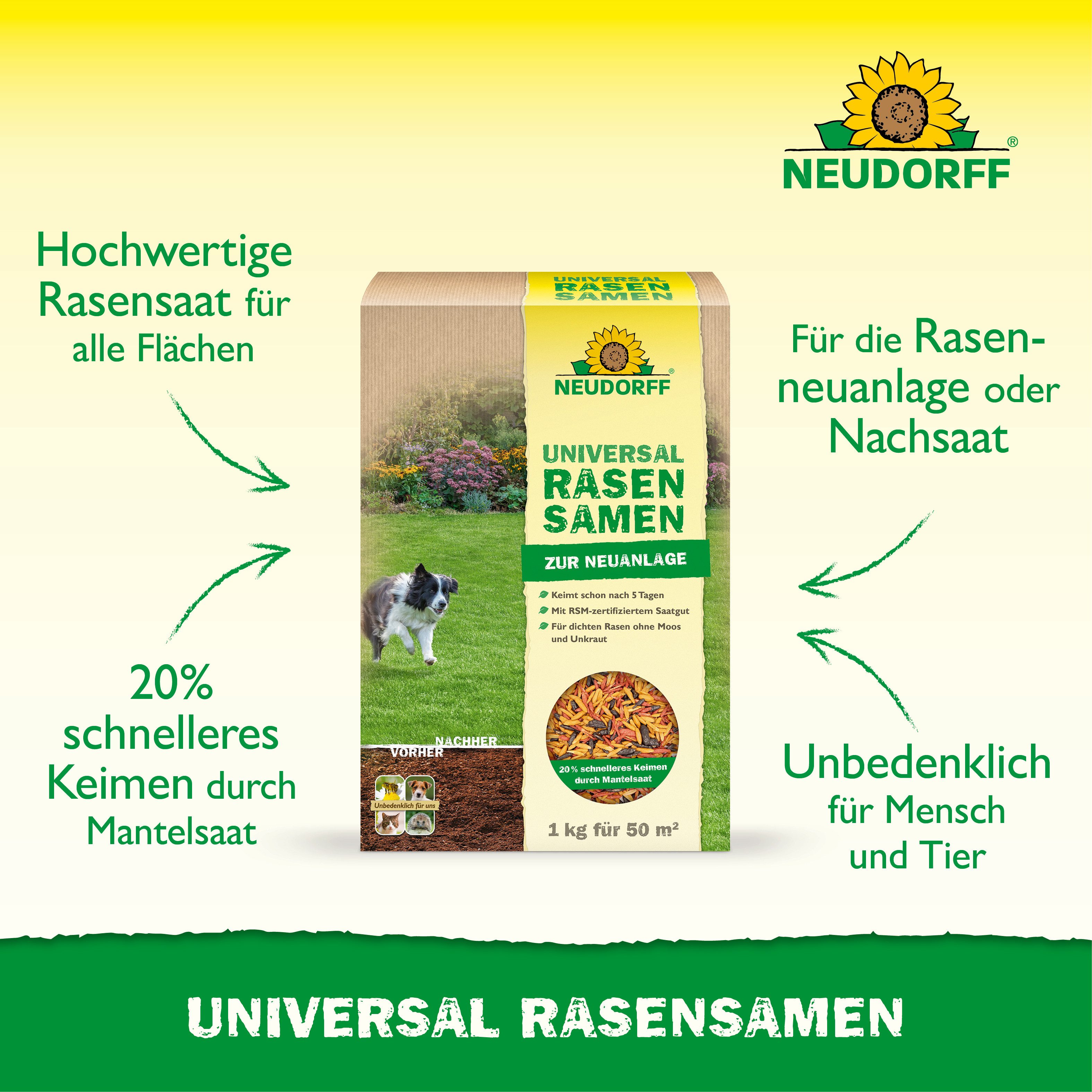 Neudorff Rasensamen UniversalRasenSamen für 50 m², 1 kg, 20 % schnelleres Keimen durch Mantelsaat – Bild 2 von 5