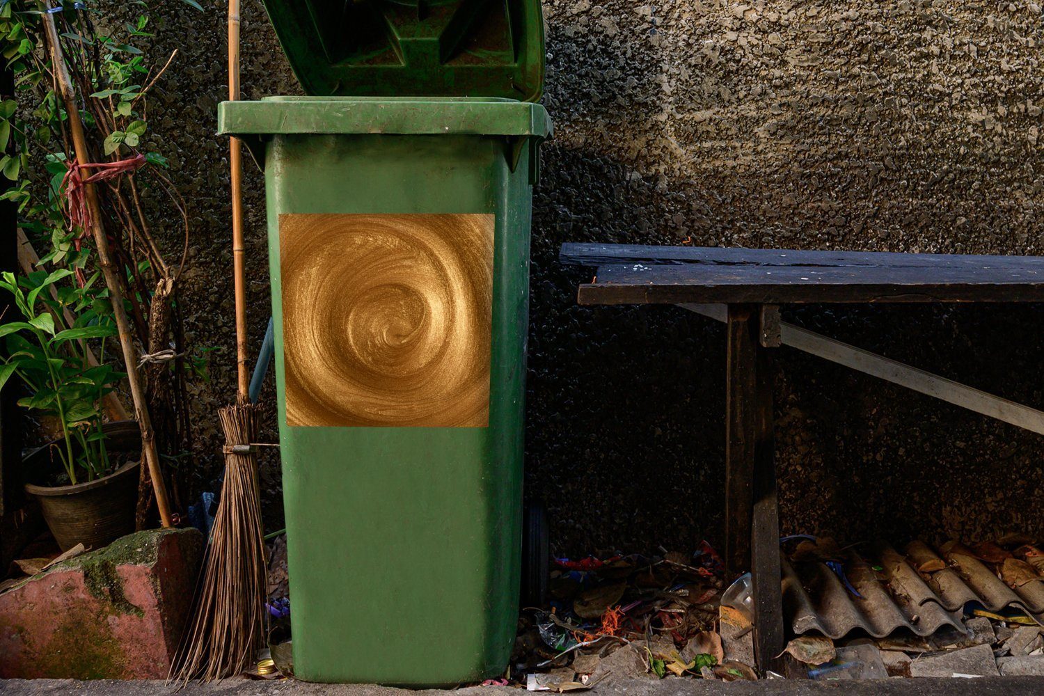 St), Mülltonne, Mülleimer-aufkleber, MuchoWow goldener Abfalbehälter in Farbe Sticker, Container, Wirbel Ein Wandsticker (1