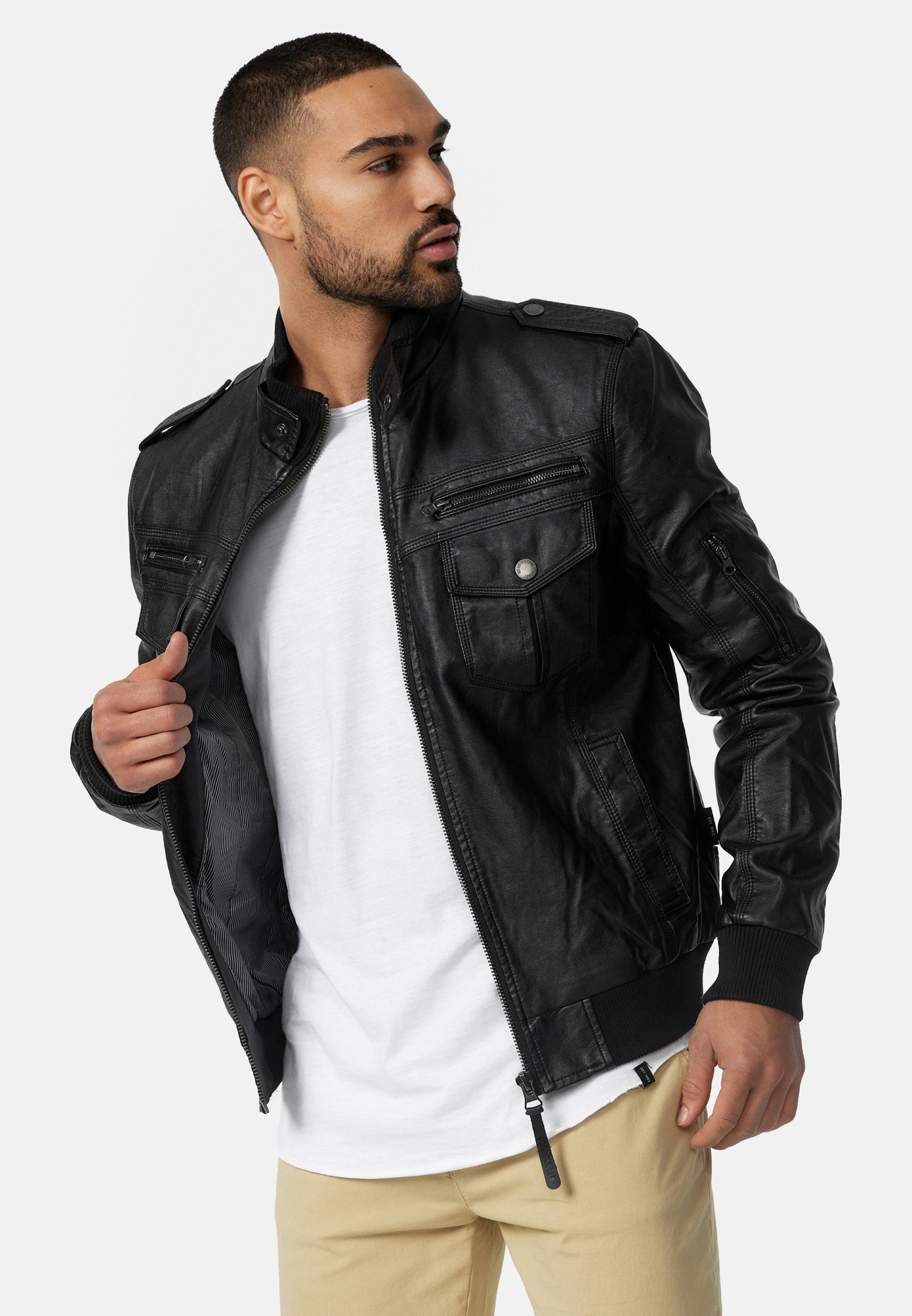 Indicode Lederimitatjacke Herren Pawel Übergangsjacke Herrenjacke Kunstlederjacke mit Stehkragen