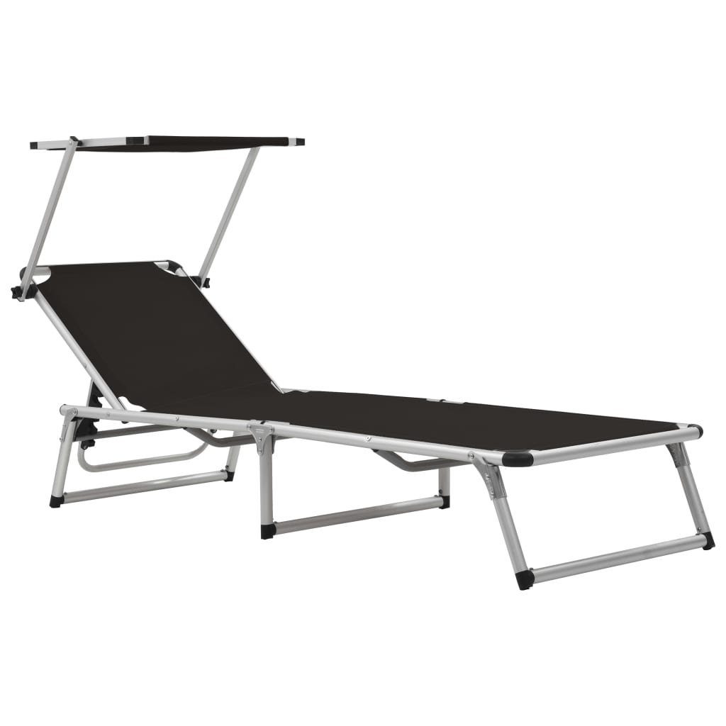 vidaXL Gartenliege Sonnenliege Klappbar mit Sonnenschutz Alu und Textilene Schwarz, 1 St.