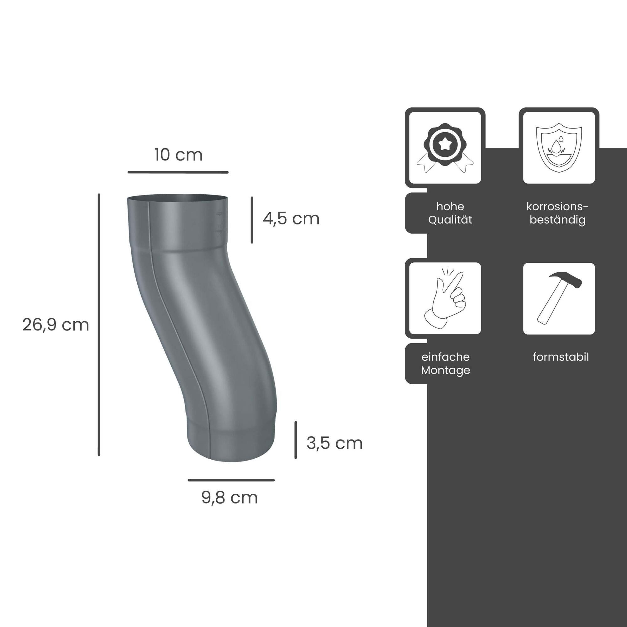 Zambelli Regenfallrohr, (Sockelknie verzinkt, Etagenbogen, einteilig gefalzt DN 100 Anthrazit), zur Überbrückung von Mauer- und Putzvorsprüngen