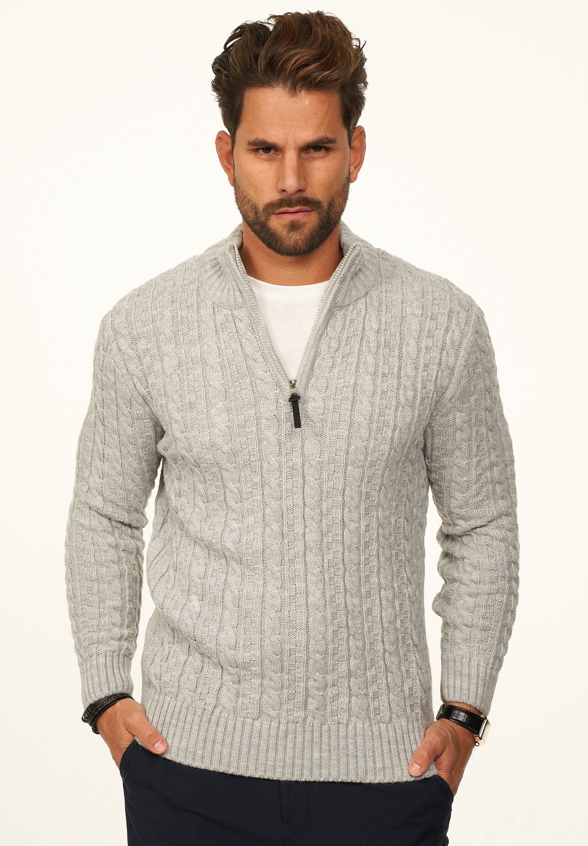 DAILY COTTON Strickpullover als Grobstrick Troyer Pulli mit Zopfmuster für Herren Männer Winterpullover Half-Zip im Regular-Fit