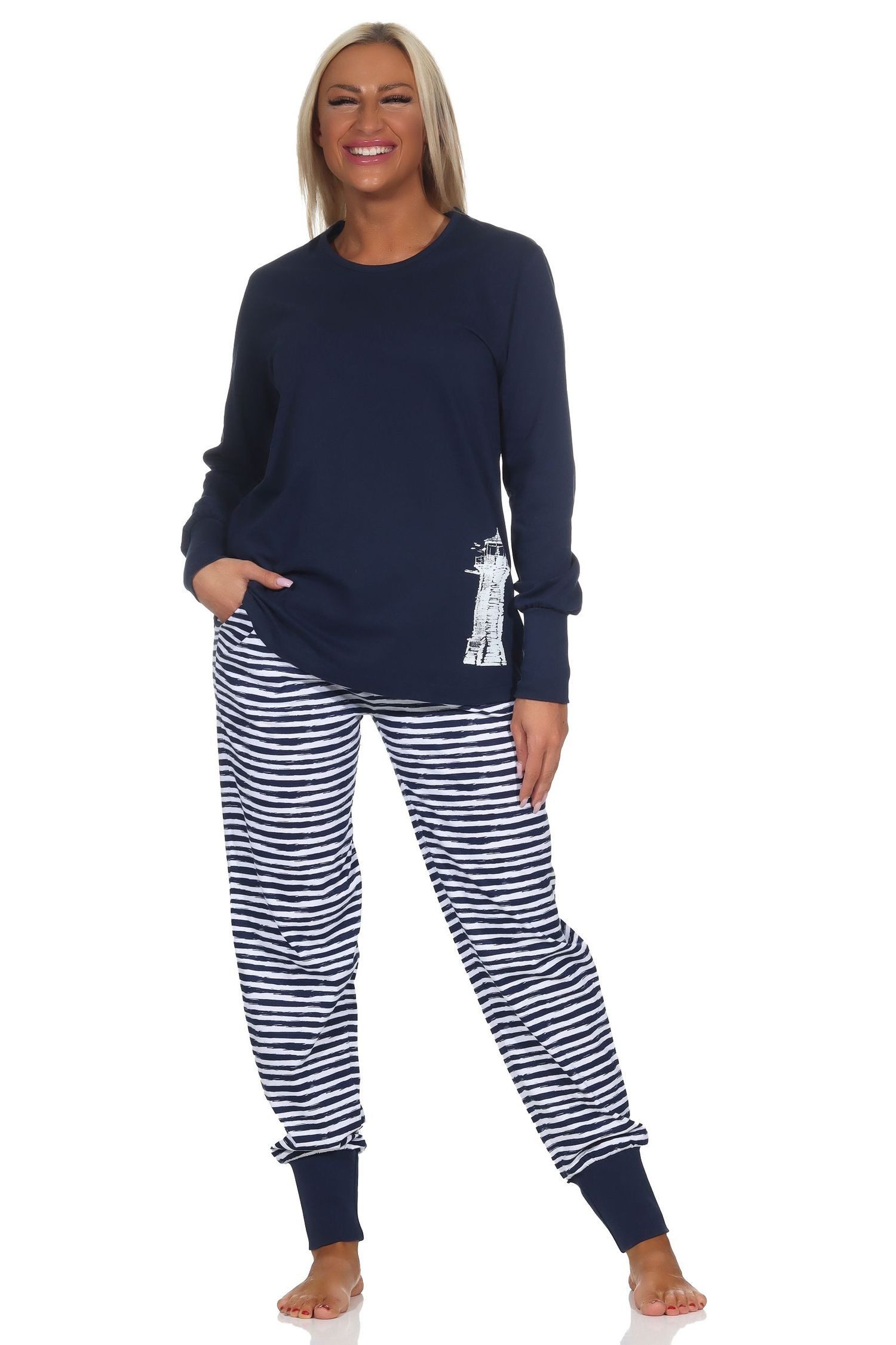 Normann Damen Frottee Schlafanzug - Maritime Optik Mit Anker Motiv