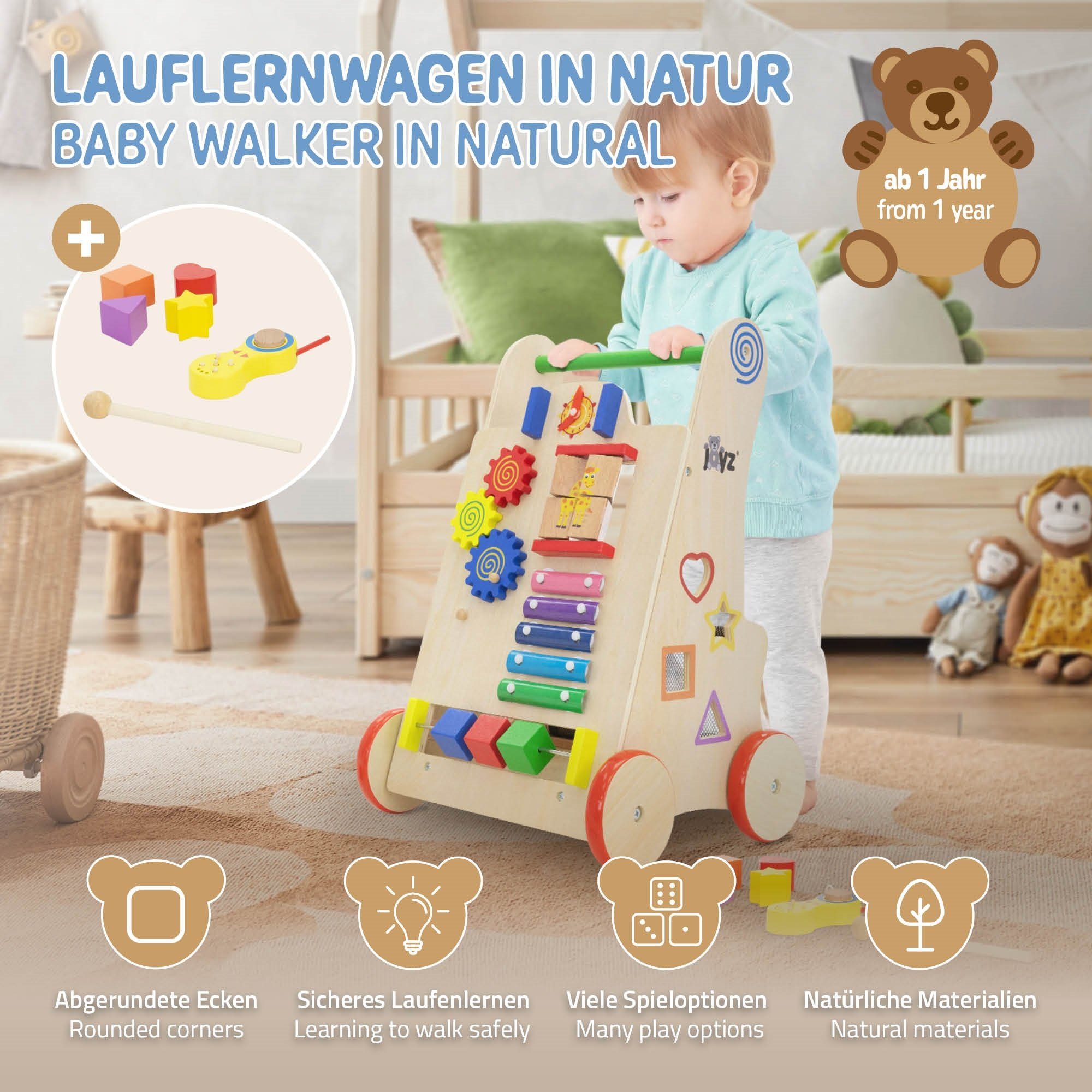 Joyz Lauflernwagen Baby Holz 6 1 mit Jahr Aktivitäten Natur Walker Lauflernhilfe ab Gummibereifung, für Gehhilfe Spiel-Laufwagen, mit Multifunktional Kinder
