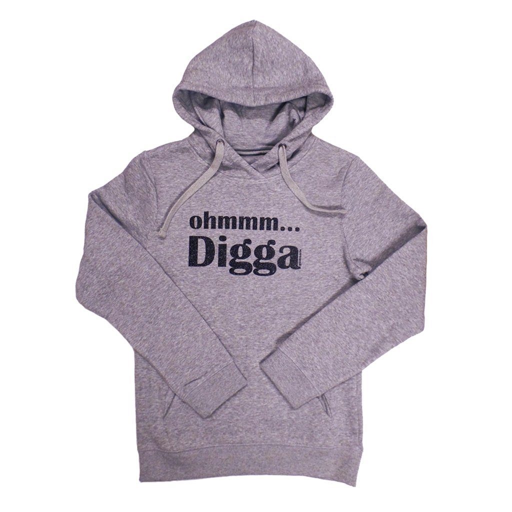 goldmarie Kapuzensweatshirt OHMMM DIGGA grau meliert mit Print schwarz-glitzer mit Frontprint