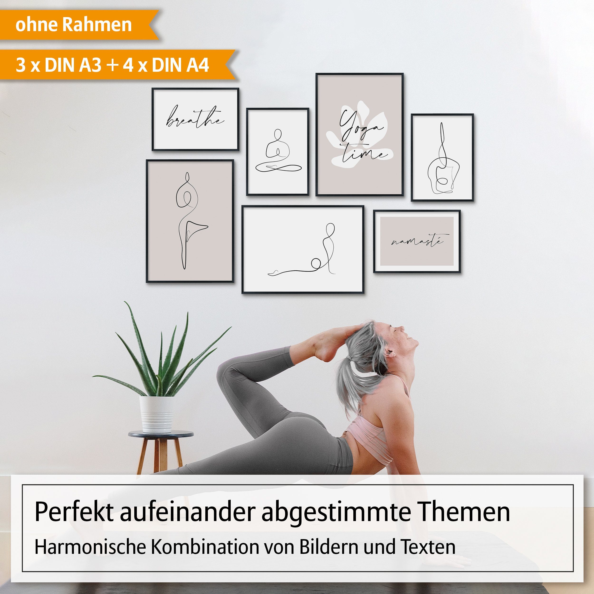 Hyggelig Home Poster Yoga - Premium Poster Set OHNE & MIT Rahmen - 7 Wandbilder Fine Art, Namasté (Set, 7 St), Collage schwarz weiß, Qualitätsdruck dickes Papier