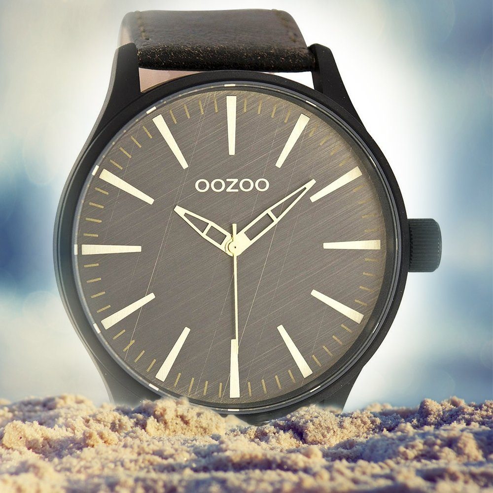OOZOO Quarzuhr Oozoo Lederarmband, Herrenuhr extra (ca. Herren Fashion-Style Armbanduhr groß 50mm) schwarz, rund