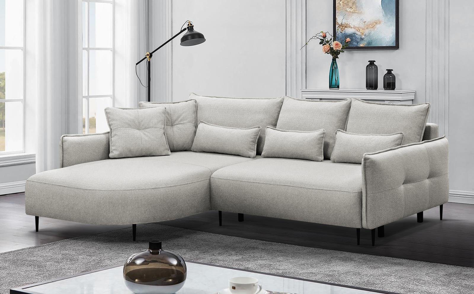 Beautysofa Polsterecke Salerno, mit Schlaffunktion 250x140 cm, mit Bettkasten, abgerundete mane, modernes Design,mit lose Kissen, für Wohnzimmer, links oder rechts Beige (magnum 01)