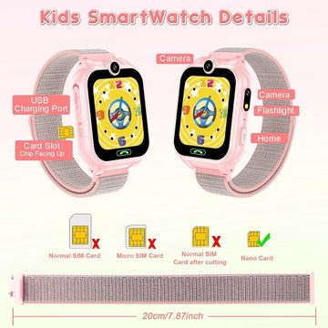 PTHTECHUS für Mädchen Jungen Telefonieren Geschenk Smartwatch (1.68 Zoll, Android / iOS), mit Anruf, SOS, 18 Spiele, Musik, Kamera, Wecker, Taschenlampe