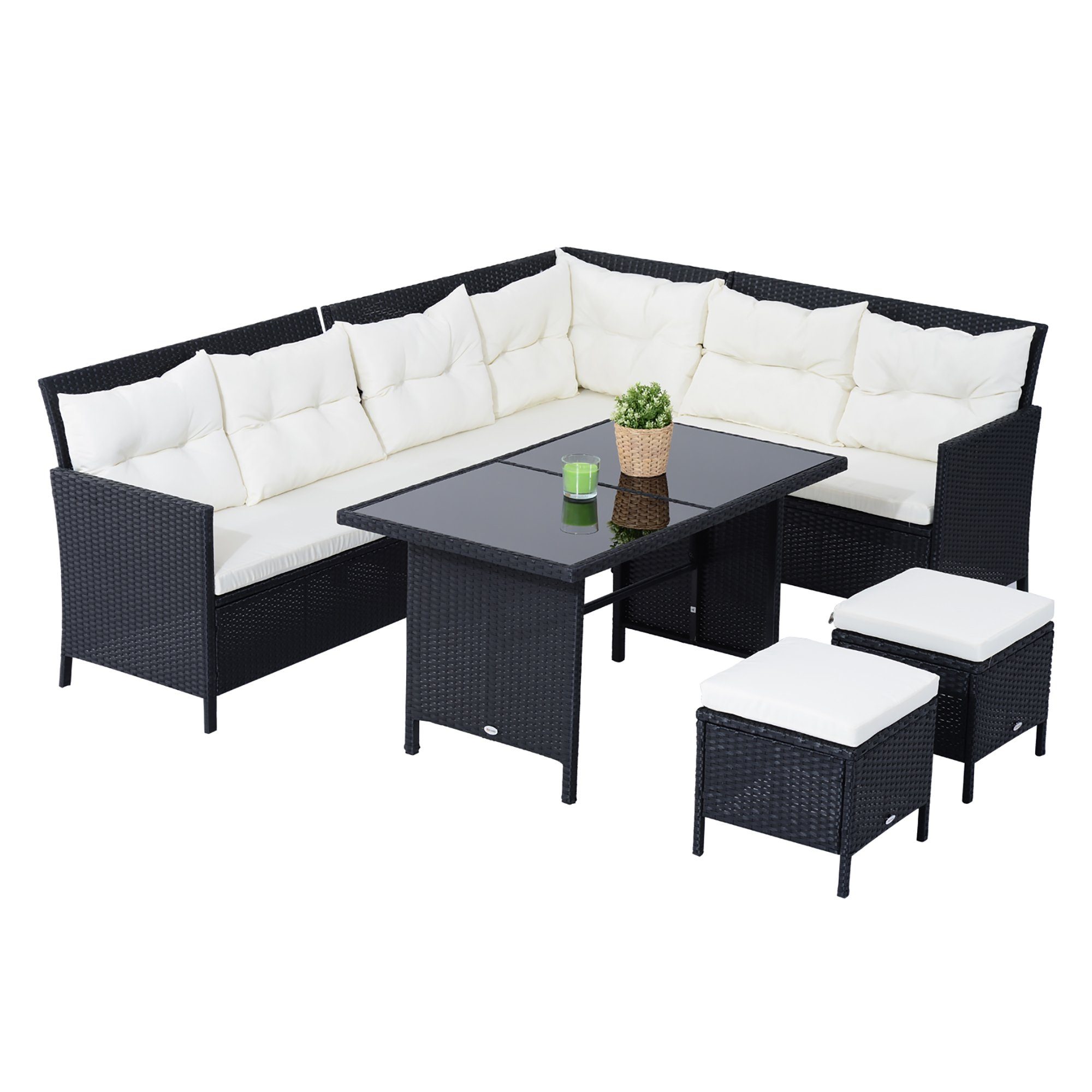 Outsunny 18-tlg., 2Doppelsofa (Set, 2Hocker; Sitzkissen) Tisch 2Sicherheitsglasplatten Ecksofa Sitzgruppe,