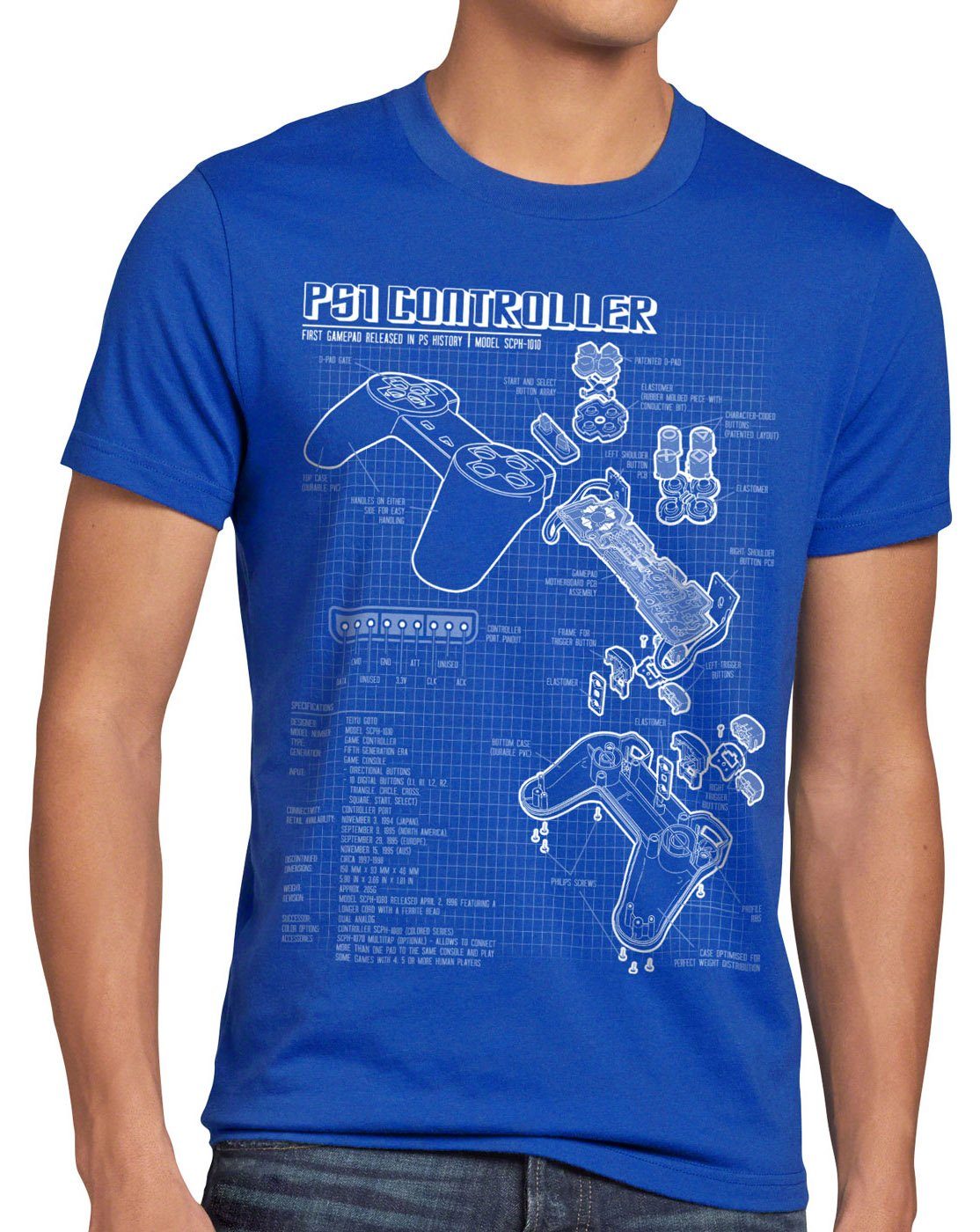 style3 Print-Shirt Herren T-Shirt PS1 Controller Blaupause PS gamepad konsole classic gamer