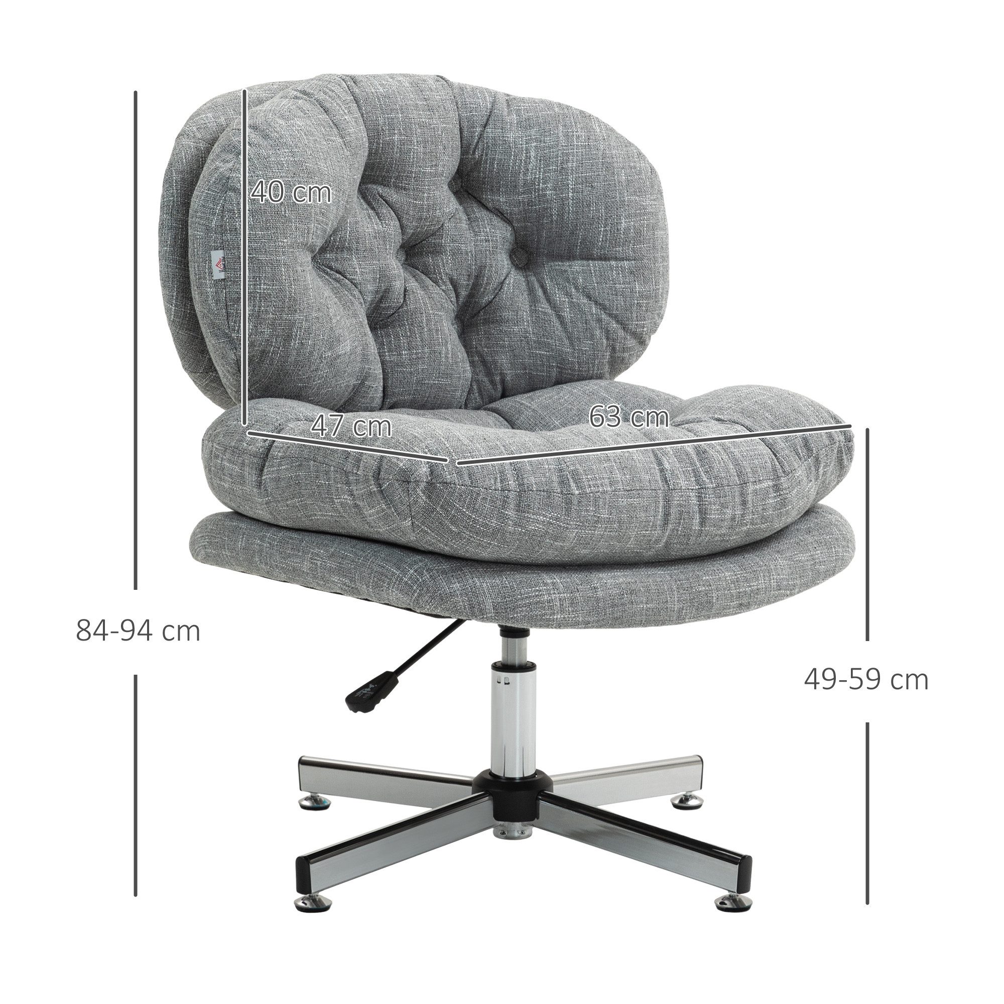 HOMCOM Bürostuhl Schreibtischstuhl breite Sitzfläche, Schneidersitz-Stuhl ergonomisch (Drehstuhl, 1 St), mit Leinenoptik, für Home-Office, Grau – Bild 3 von 5