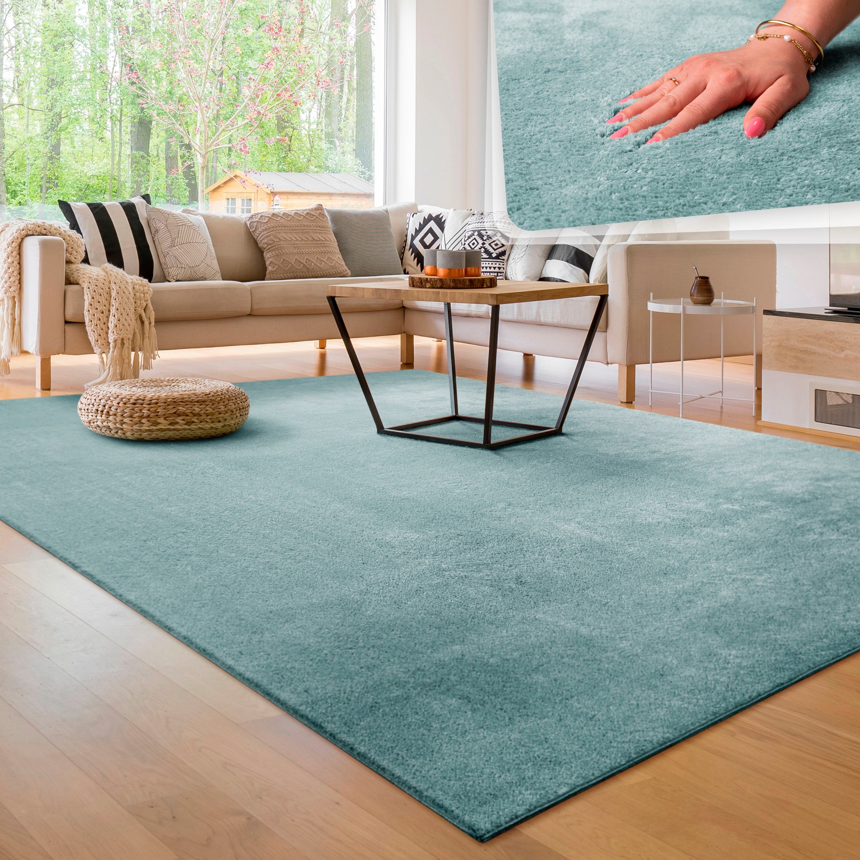 Teppich Cadiz 630, Paco Home, rechteckig, Höhe: 22 mm, Uni-Farben, besonders weich, waschbar, auch als Läufer erhältlich türkis