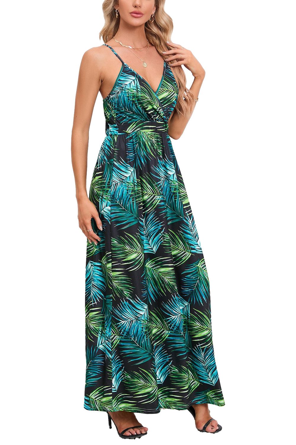 ENIX Strandkleid Ärmelloses Strandkleid mit modischem Blumendruck für Damen Sommerliches, lässiges Trägerkleid im Bohème-Stil mit V-Ausschnitt