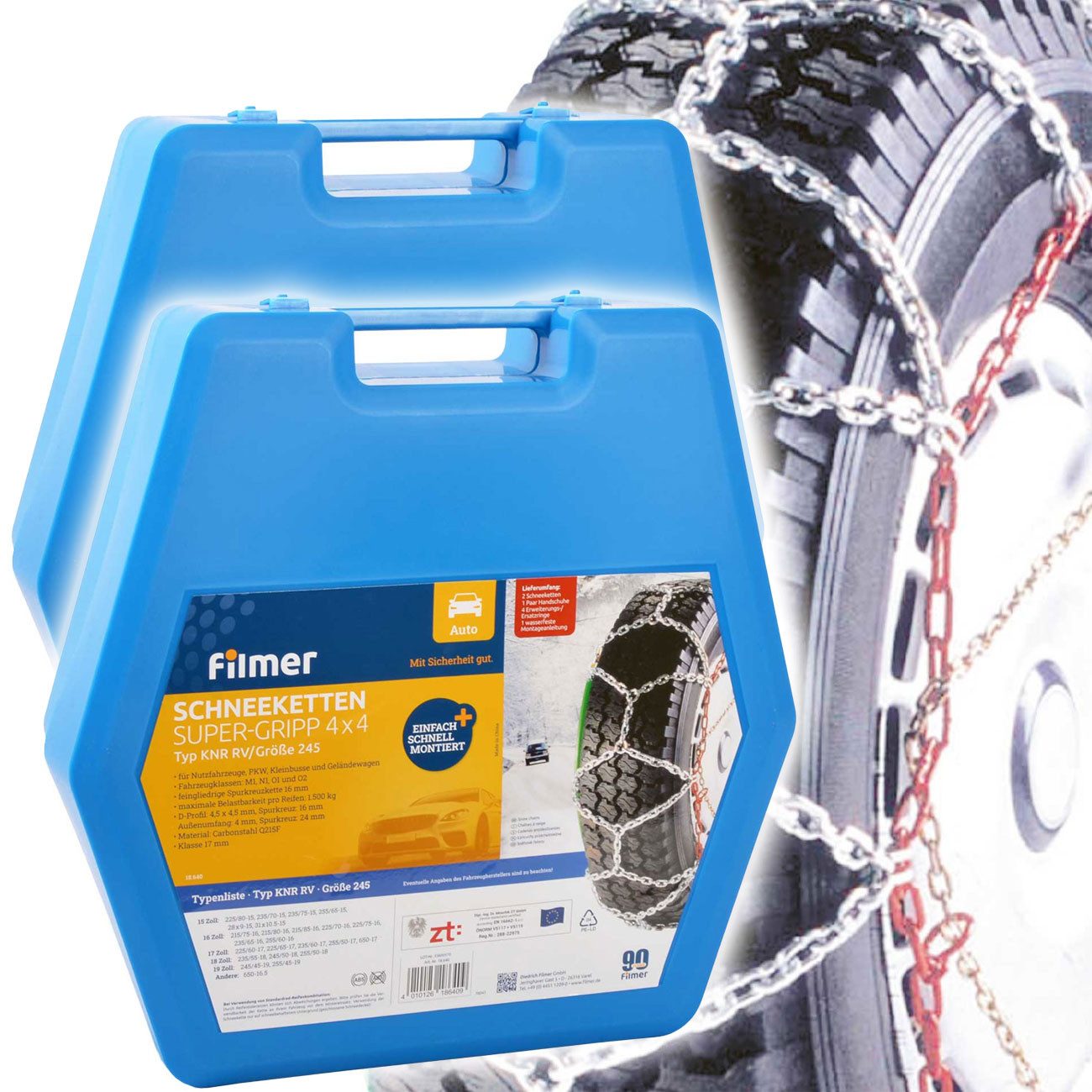 Filmer Schneeketten Schneeketten 16mm Super-Gripp 4x4, SUV, Transporter, 15-19", (2-tlg), Robuste 16mm 4x4 Schneeketten mit Ö-Norm & TÜV für SUVs & Transporter