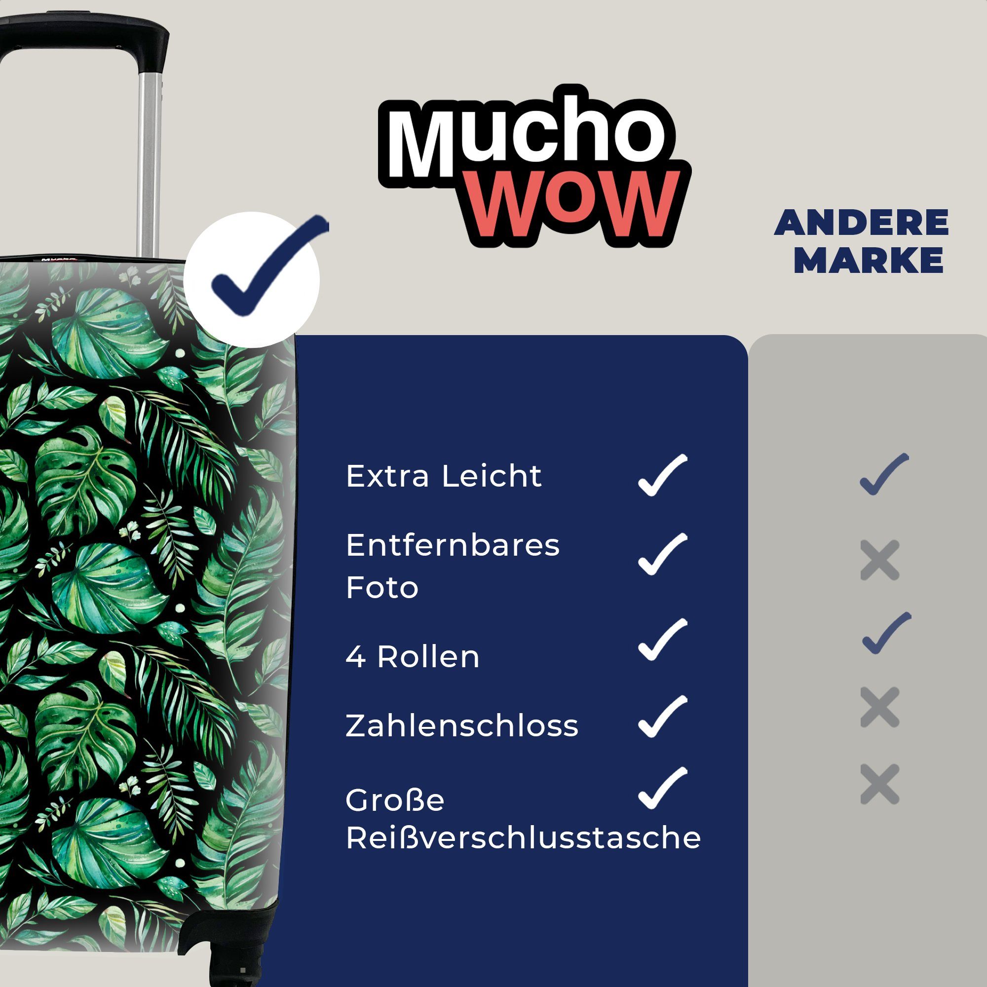 MuchoWow Handgepäckkoffer Vintage - rollen, Grün, für 4 Handgepäck Trolley, Reisetasche Blätter mit Rollen, - Reisekoffer Ferien