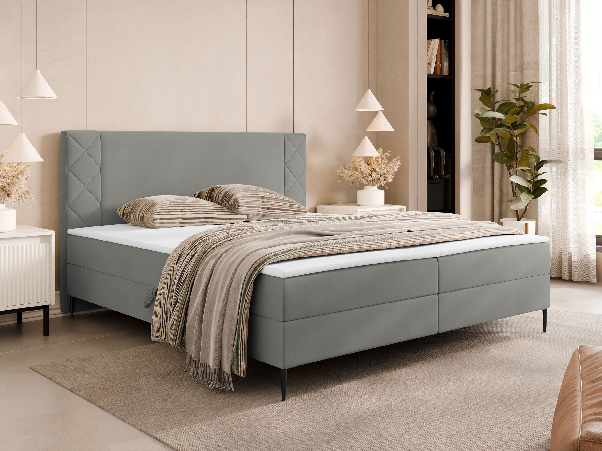 MIRJAN24 Boxspringbett Portes (mit Bettkasten und Gepolstert Kopfteil), Bonellfederkern, Härtegrad: H14
