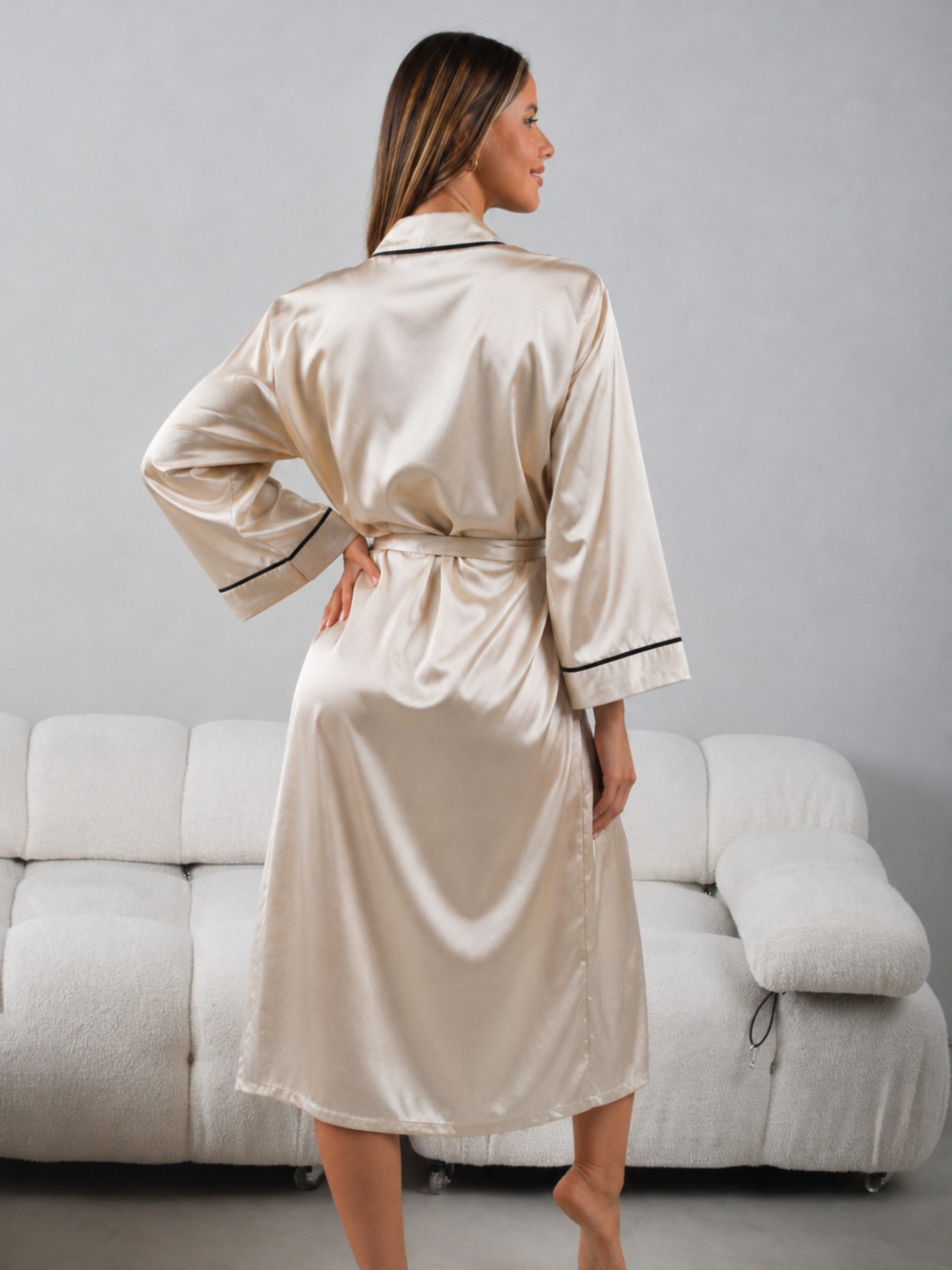 Elegant Love Morgenmantel Eleganter Satin Langarm-Pyjama mit V-Ausschnitt und Gürtel, Nachtgewand, Schlafbekleidung, Gürtel, sexy Nachtwäsche, Dessous für Damen