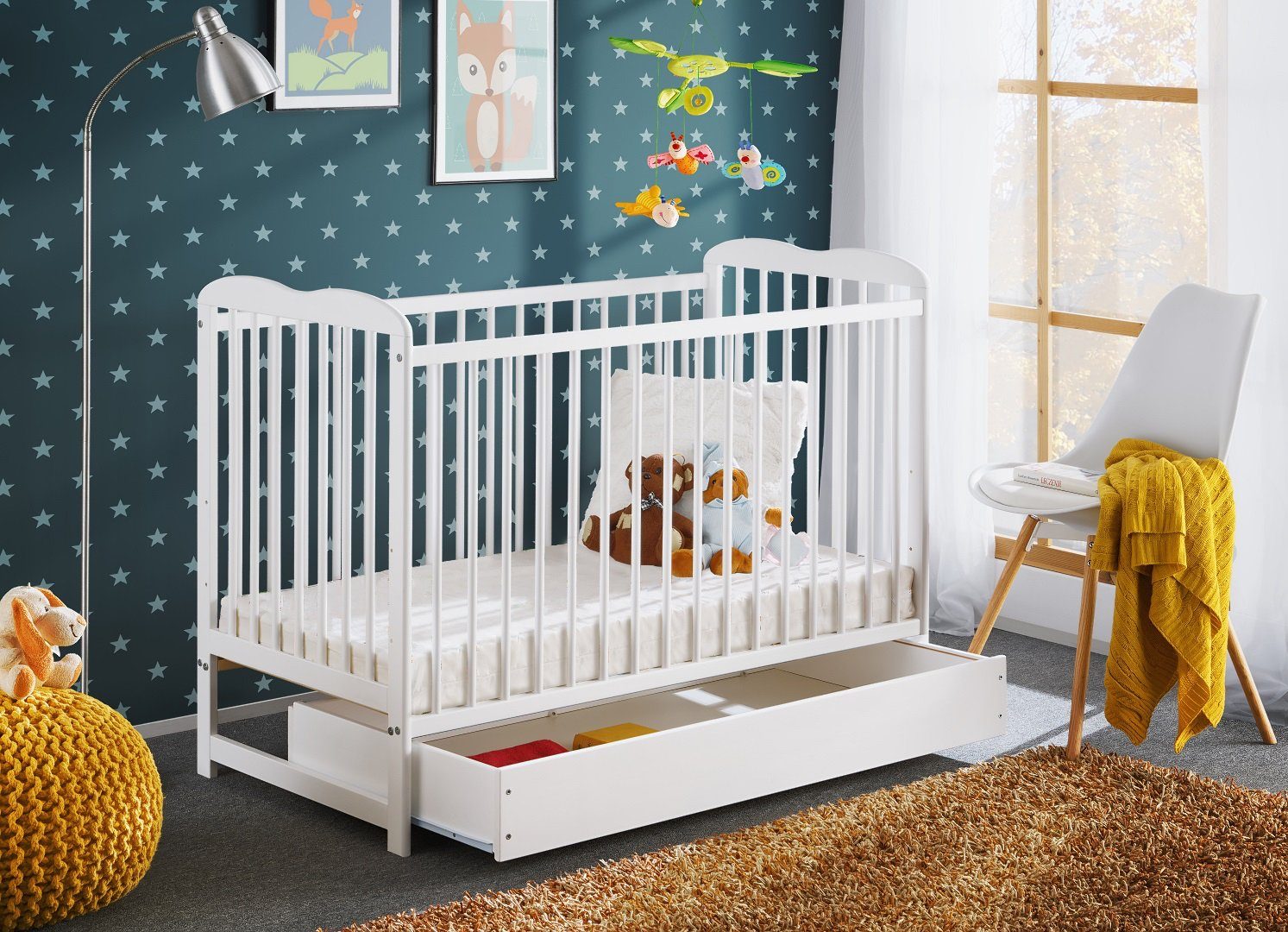 ASM-Moebel Babybett Babybett Gitterbett Beistellbett + Matratze und Schublade ALA 120x60, Mit Schlupfsprossen, Schublade, Abnehmbarer Bezug, Drei Positionen